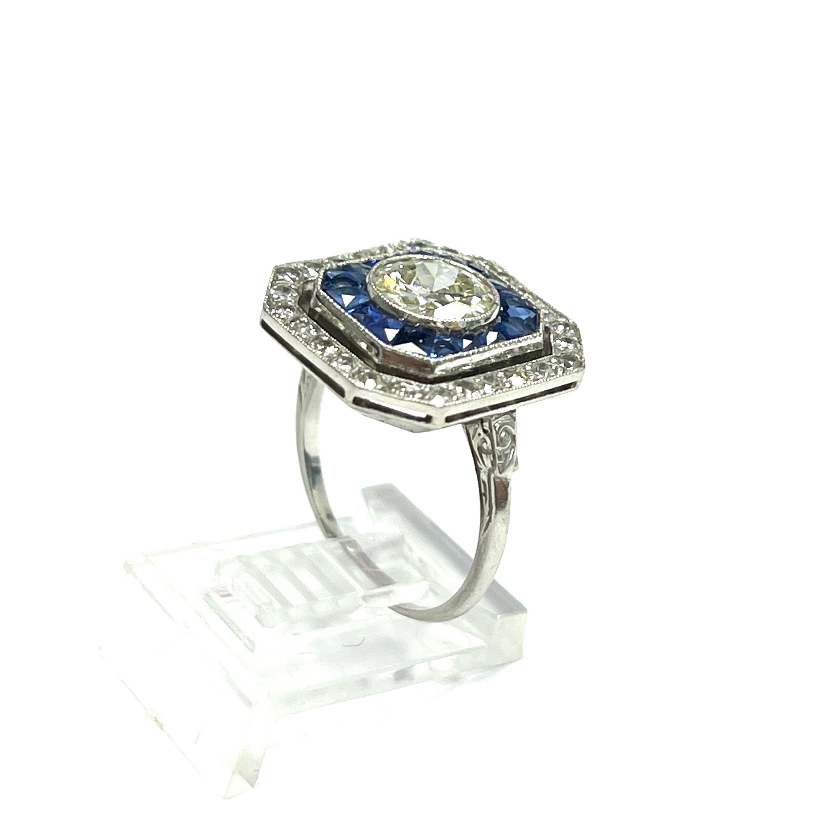 Art Deco Round Diamond & Calibre Sapphire Ring For Sale 8