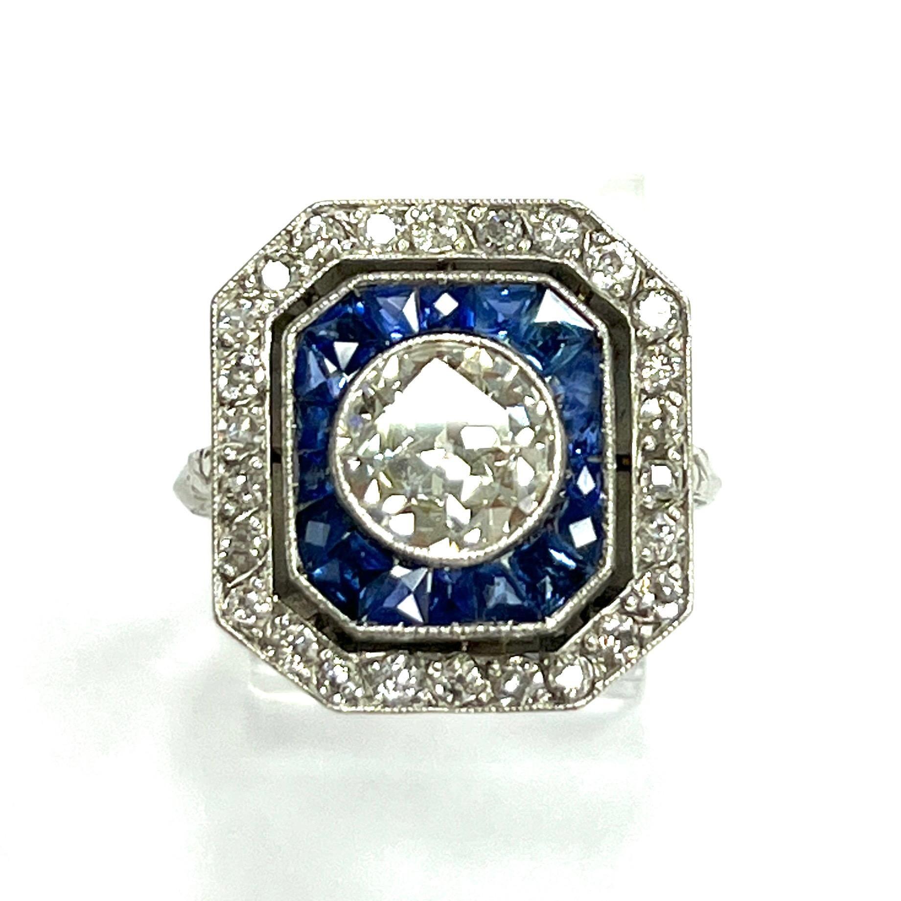 Art Deco Round Diamond & Calibre Sapphire Ring For Sale 9