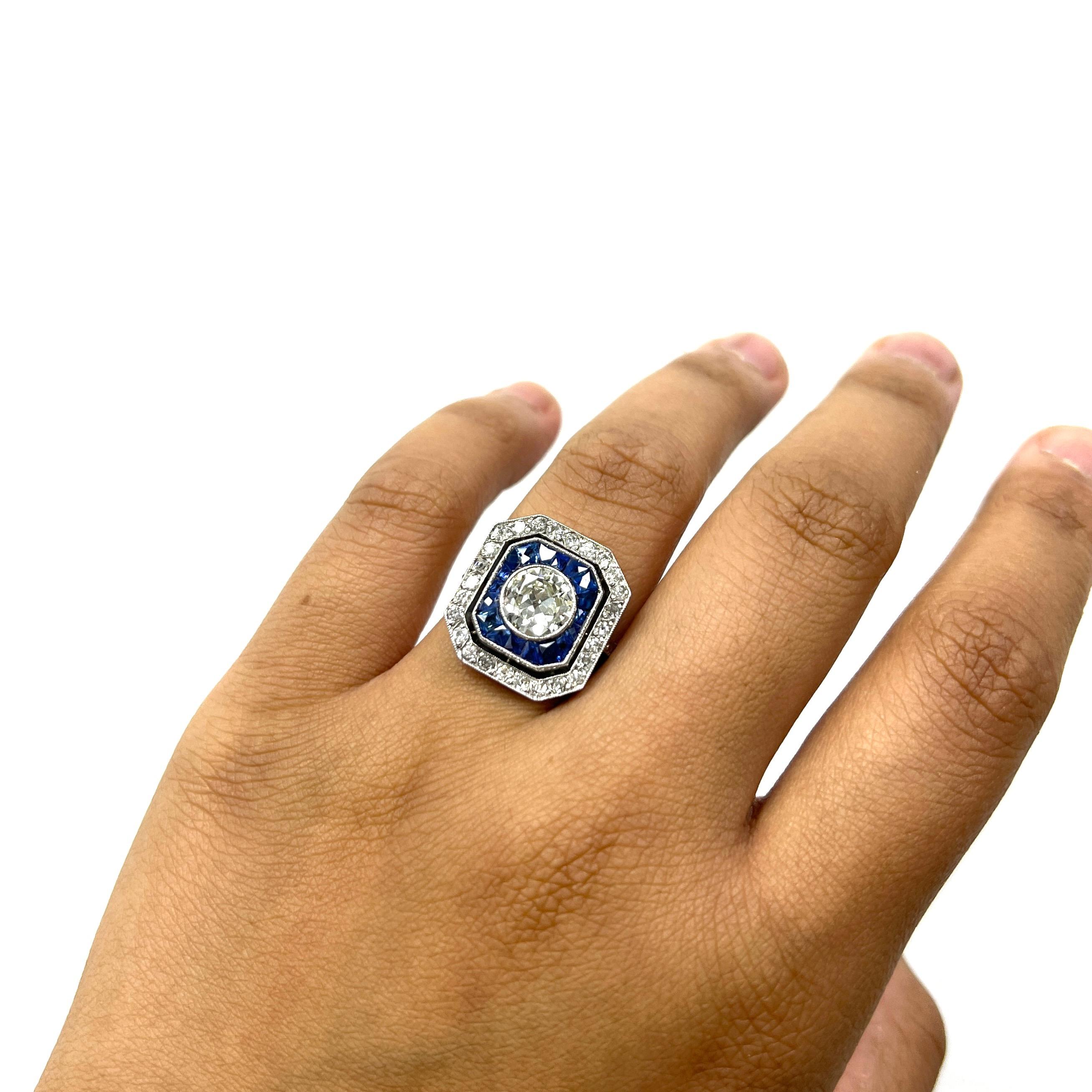 Art Deco Round Diamond & Calibre Sapphire Ring For Sale 11