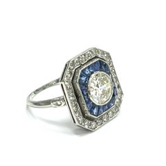 Art Deco Round Diamond & Calibre Sapphire Ring