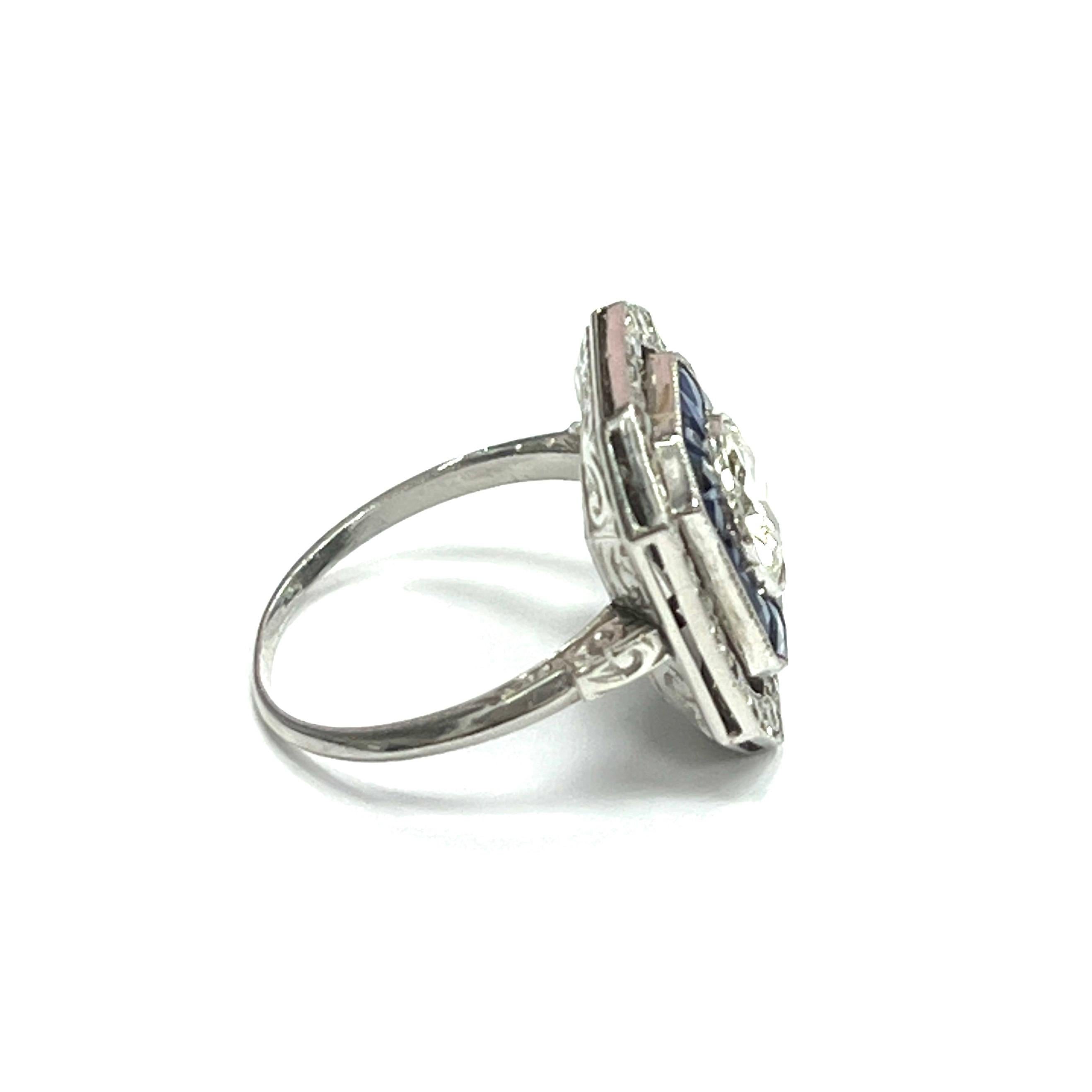 Round Cut Art Deco Round Diamond & Calibre Sapphire Ring For Sale