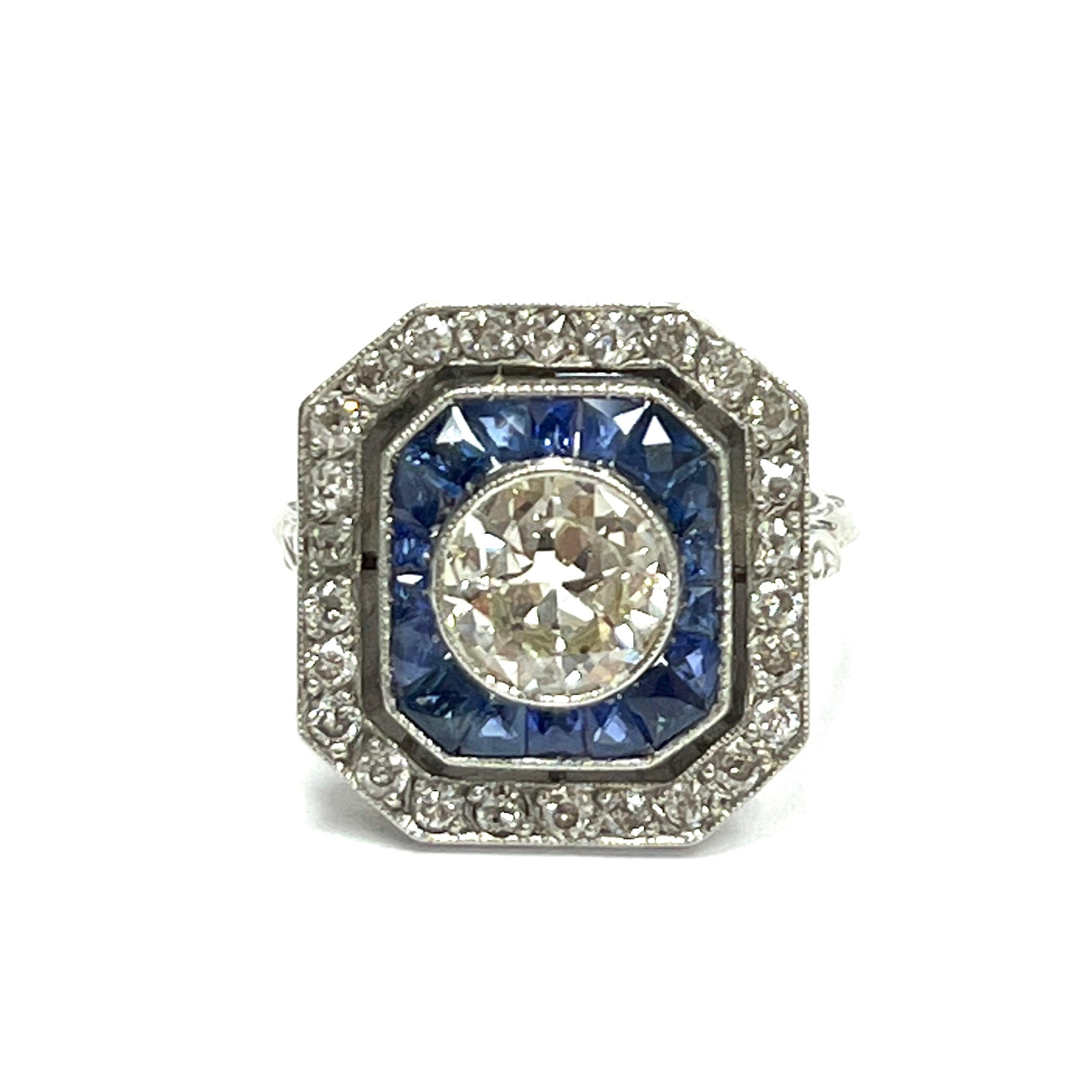 Art Deco Round Diamond & Calibre Sapphire Ring For Sale 2