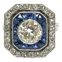 Art Deco Round Diamond & Calibre Sapphire Ring