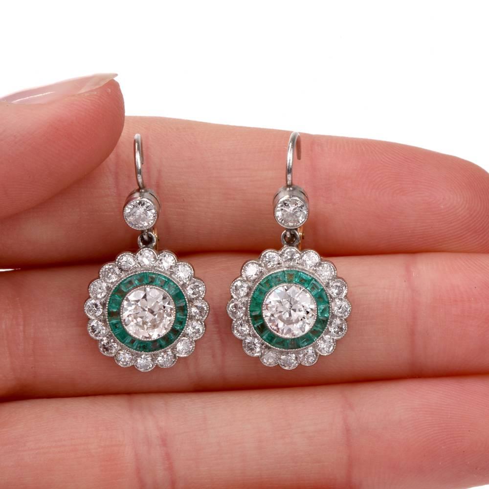 Art Deco Round European Diamond Emerald Platinum Drop Earrings In Excellent Condition In Miami, FL