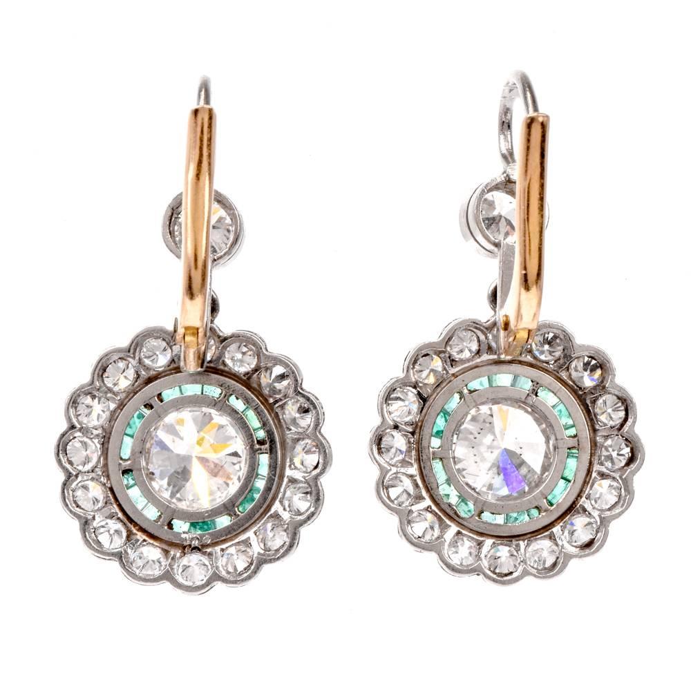 Women's Art Deco Round European Diamond Emerald Platinum Drop Earrings