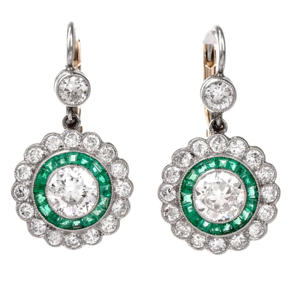 Art Deco Round European Diamond Emerald Platinum Drop Earrings