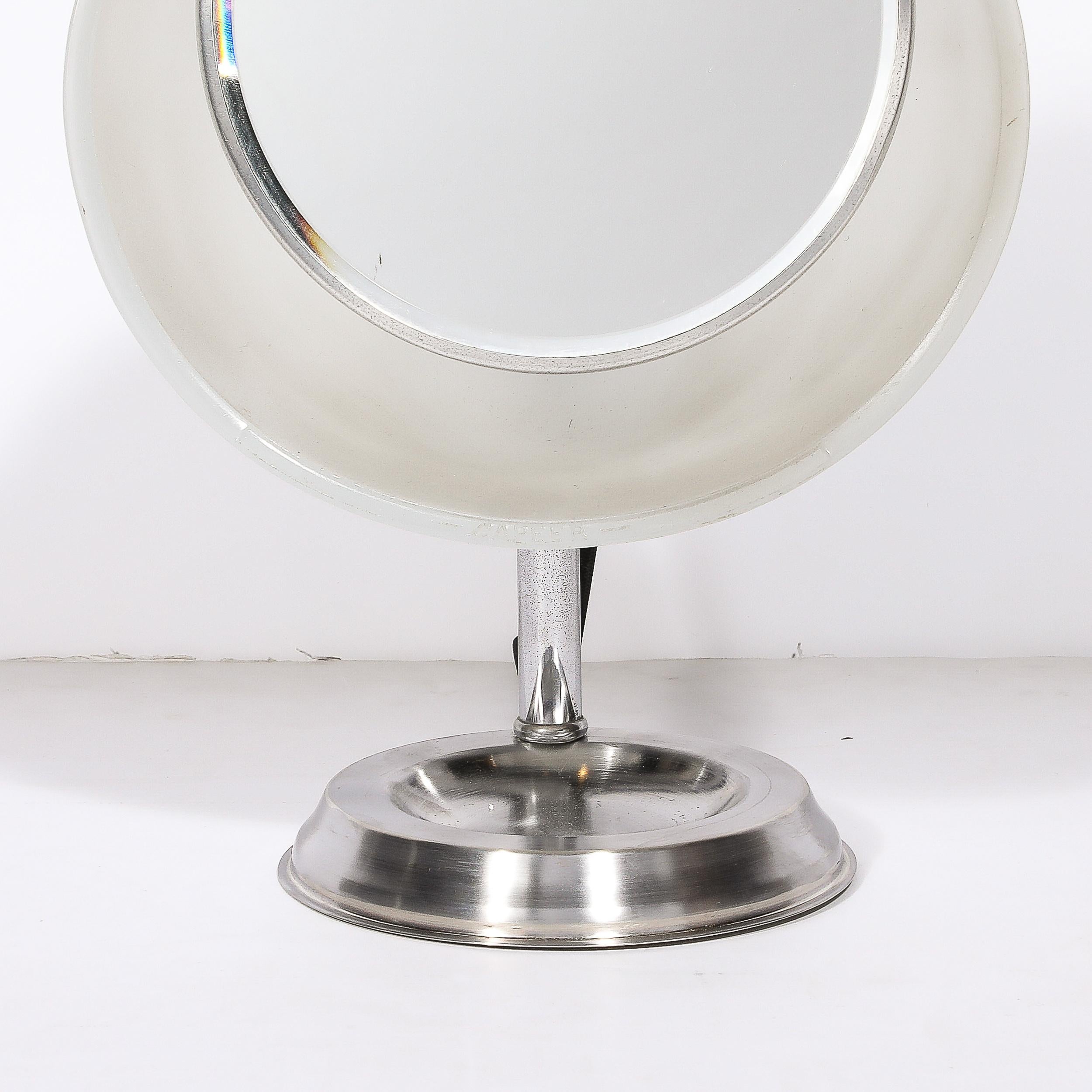 Art Deco Round Frosted Glass and Chrome Vanity Mirror In Excellent Condition For Sale In New York, NY
