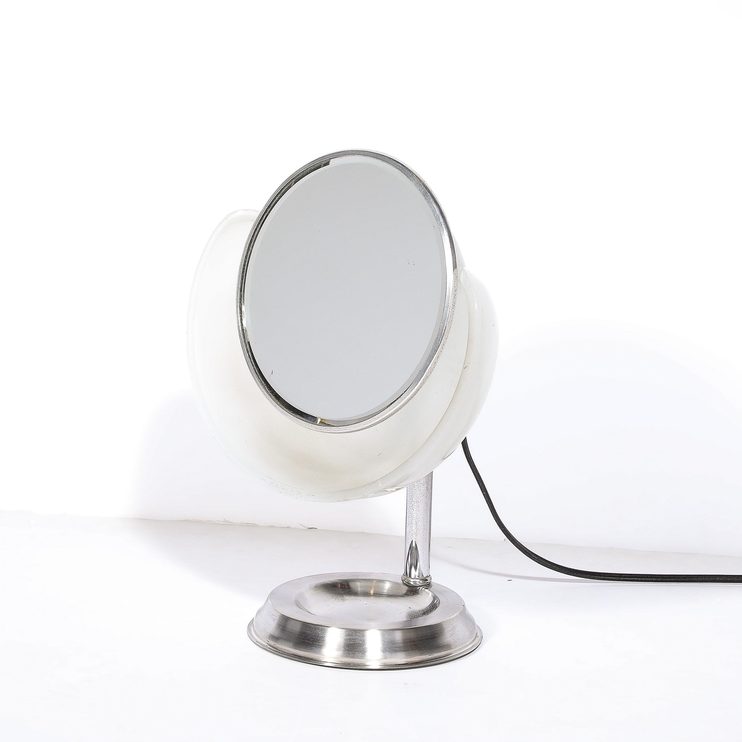 Early 20th Century Art Deco Round Frosted Glass and Chrome Vanity Mirror For Sale