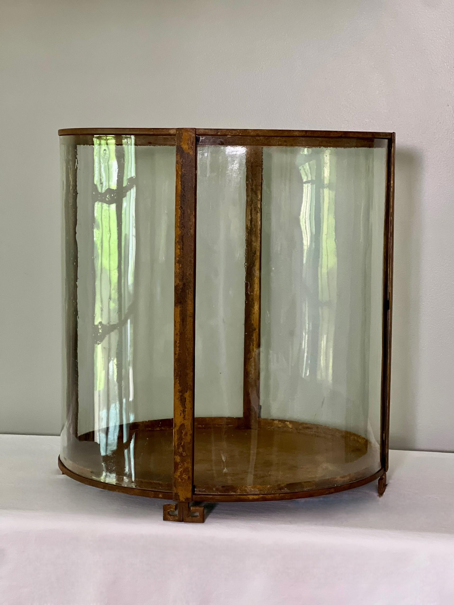 Art Deco Round Iron and Curved Glass Tabletop Terrarium or Display Showcase In Good Condition For Sale In Doylestown, PA