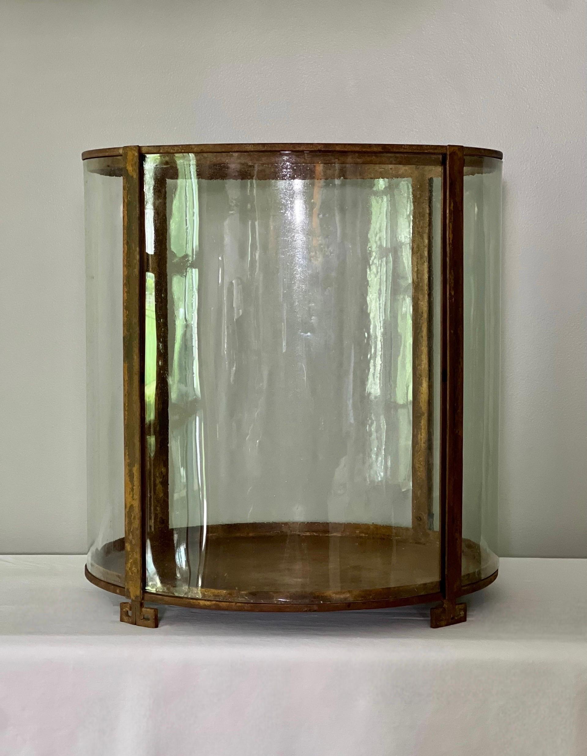 Early 20th Century Art Deco Round Iron and Curved Glass Tabletop Terrarium or Display Showcase For Sale
