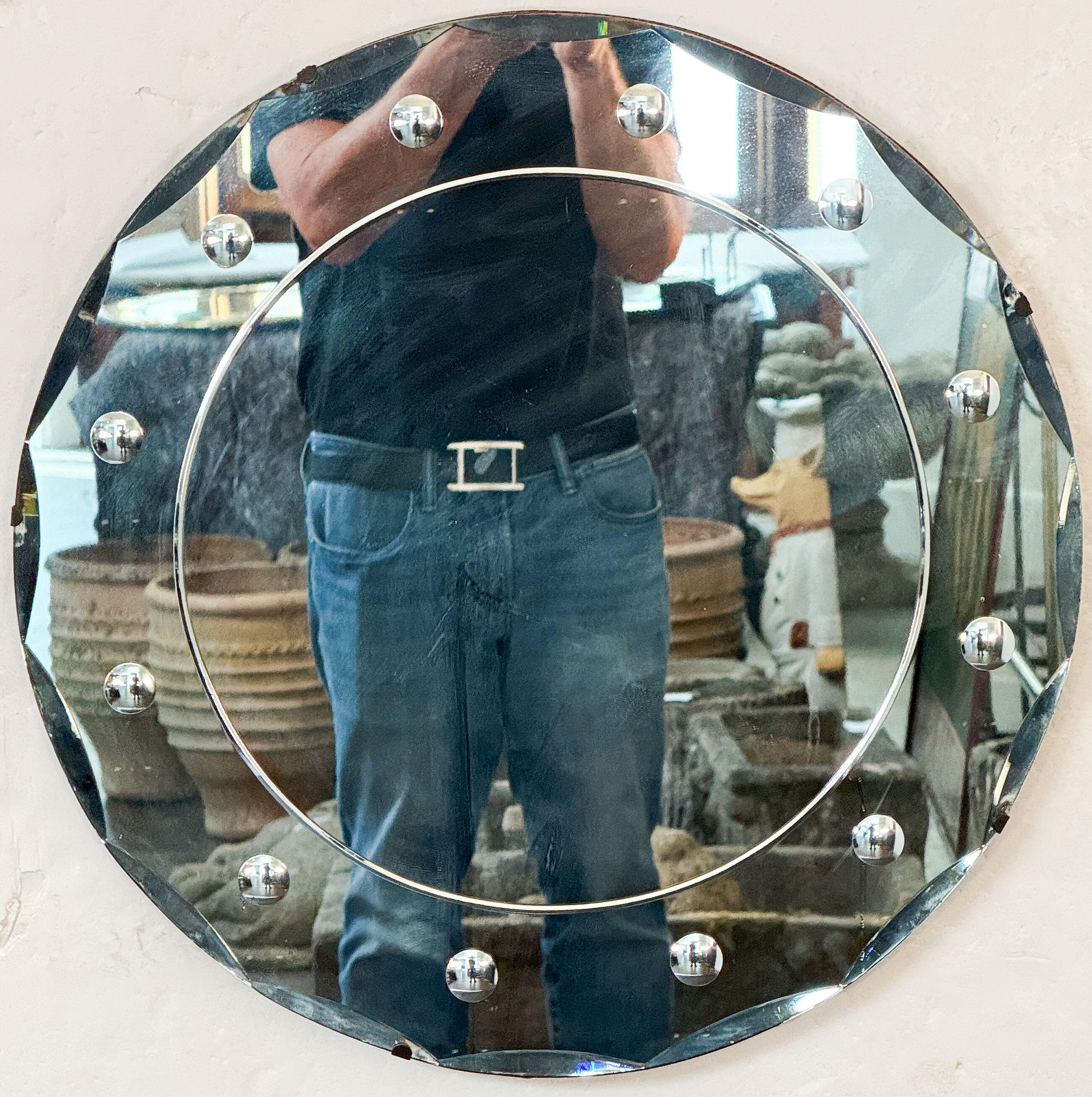 Art Deco Round Mirror with Beveled Glass Edge from England (Dia 20'') For Sale