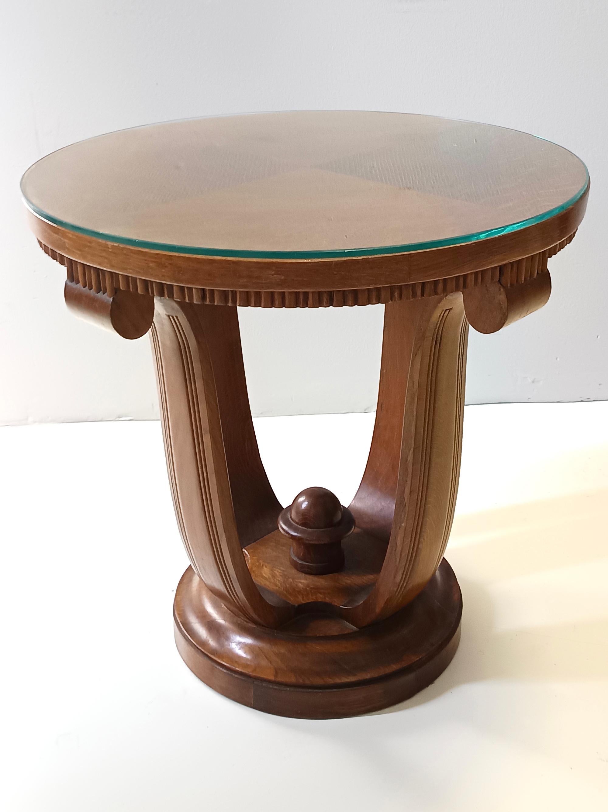 Tavolino rotondo in Oak Oak e vetro Art Deco, Italia In condizioni ottime in vendita a Bresso, Lombardy