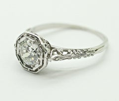Art Deco Style Round Old European Cut Diamond Ring in Filigree Setting