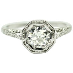 Art Deco Style Round Old European Cut Diamond Ring in Filigree Setting