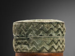 Art Deco Round Ottoman in Wood and Patterned Fabric