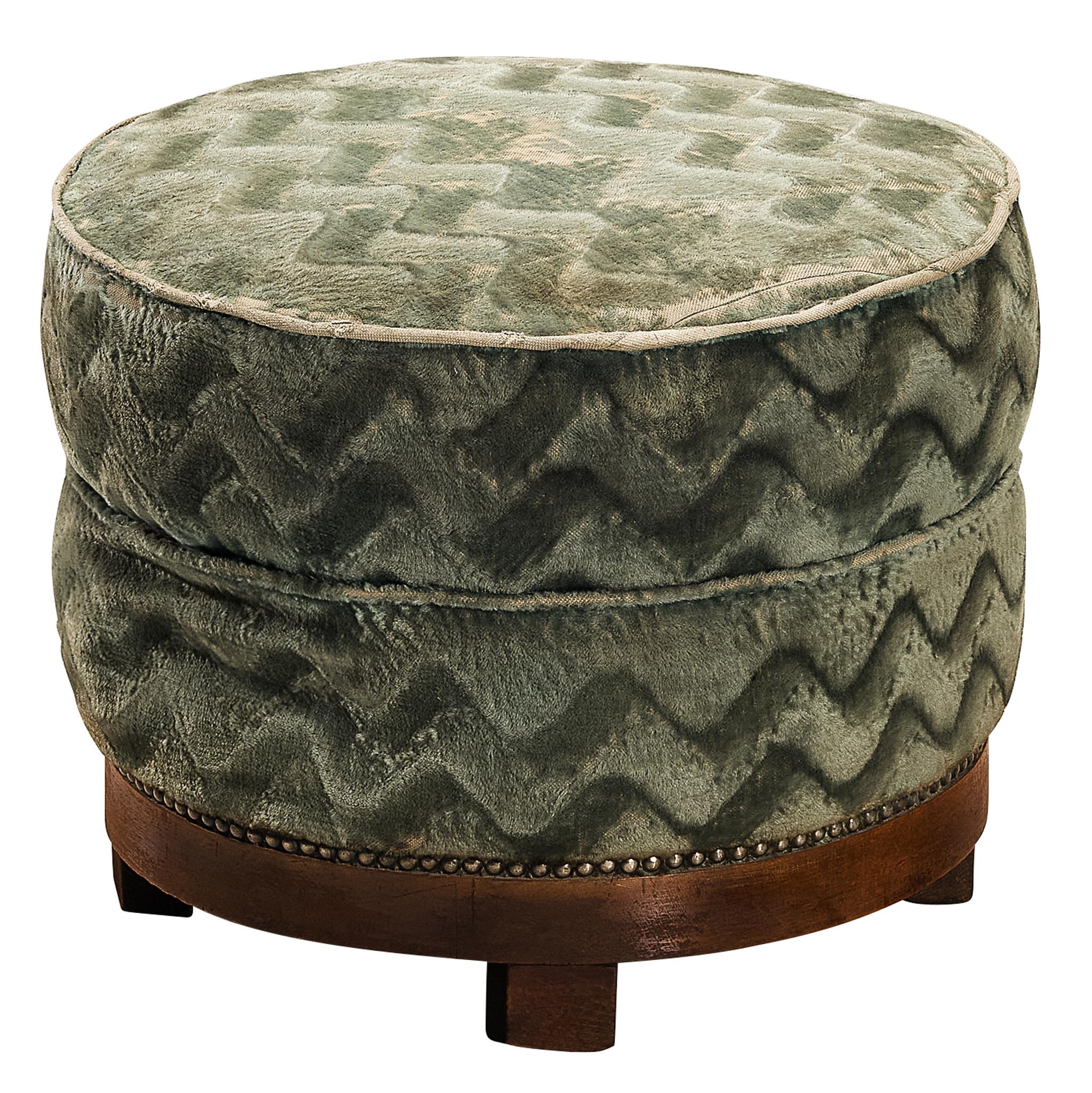 Art Deco Round Ottoman in Wood and Patterned Fabric