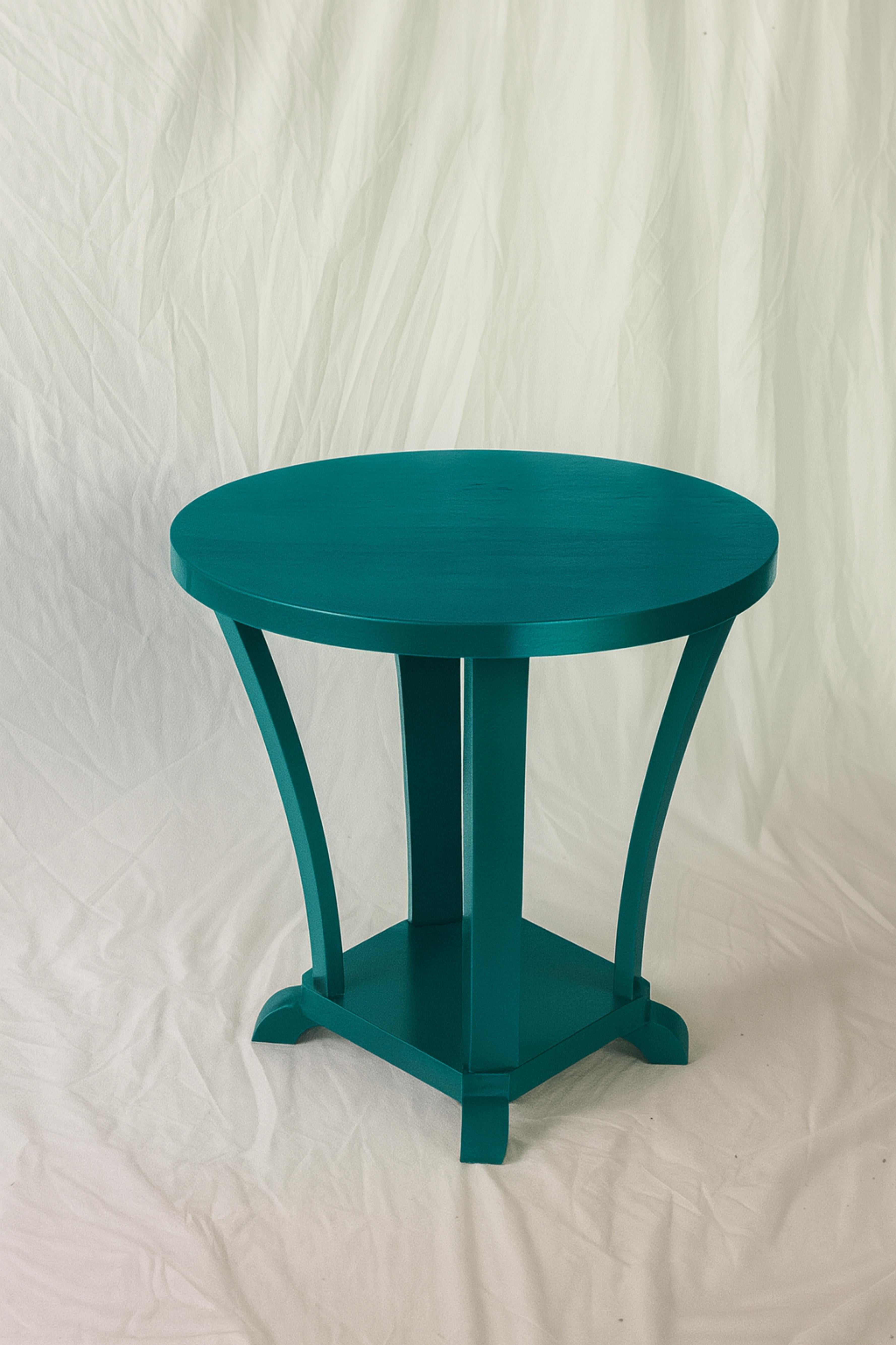 French Art Deco Round Blue Peacock Color Pedestal Table, France, 1930 For Sale