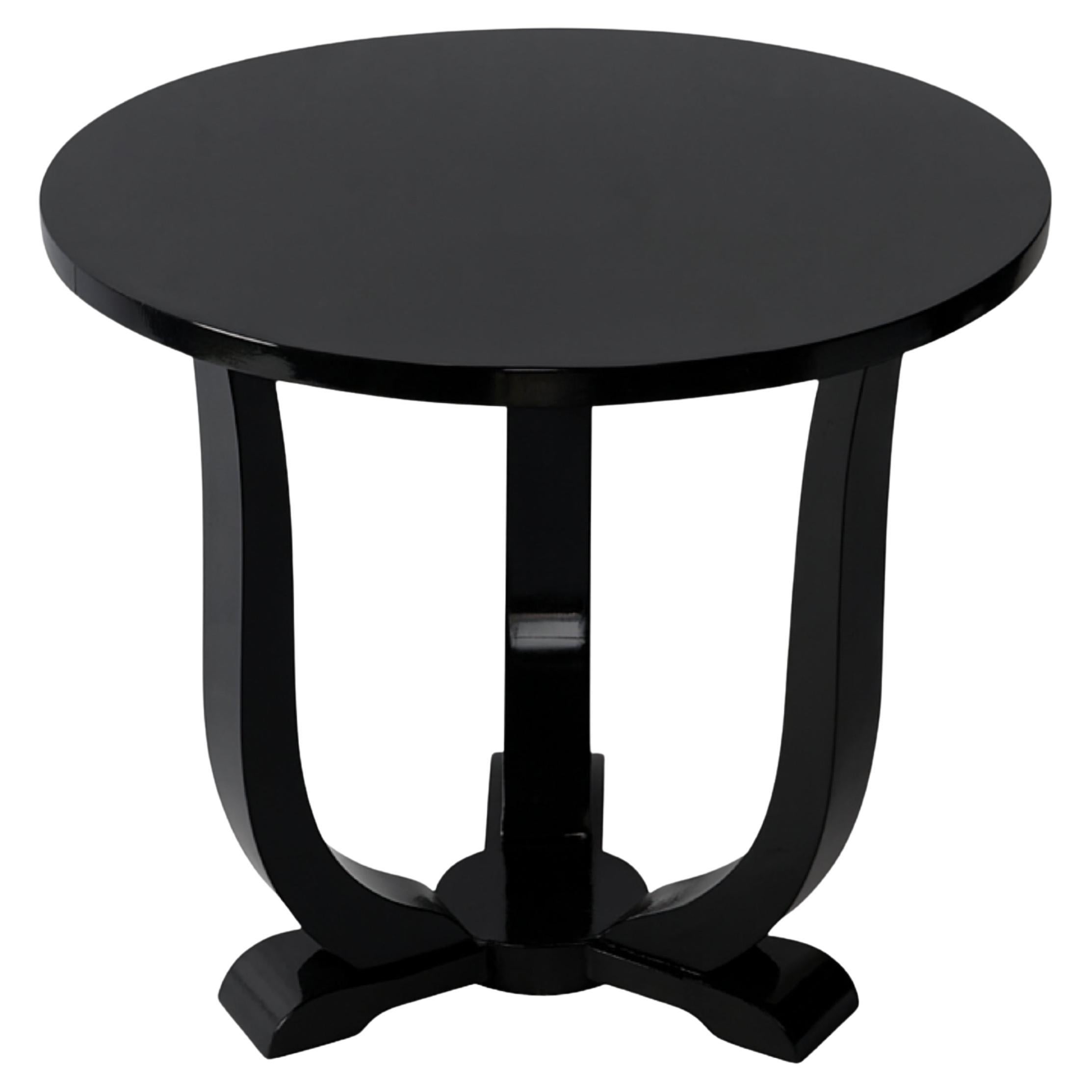 Table Art déco ronde à piédestal en laque noire, France, 1920