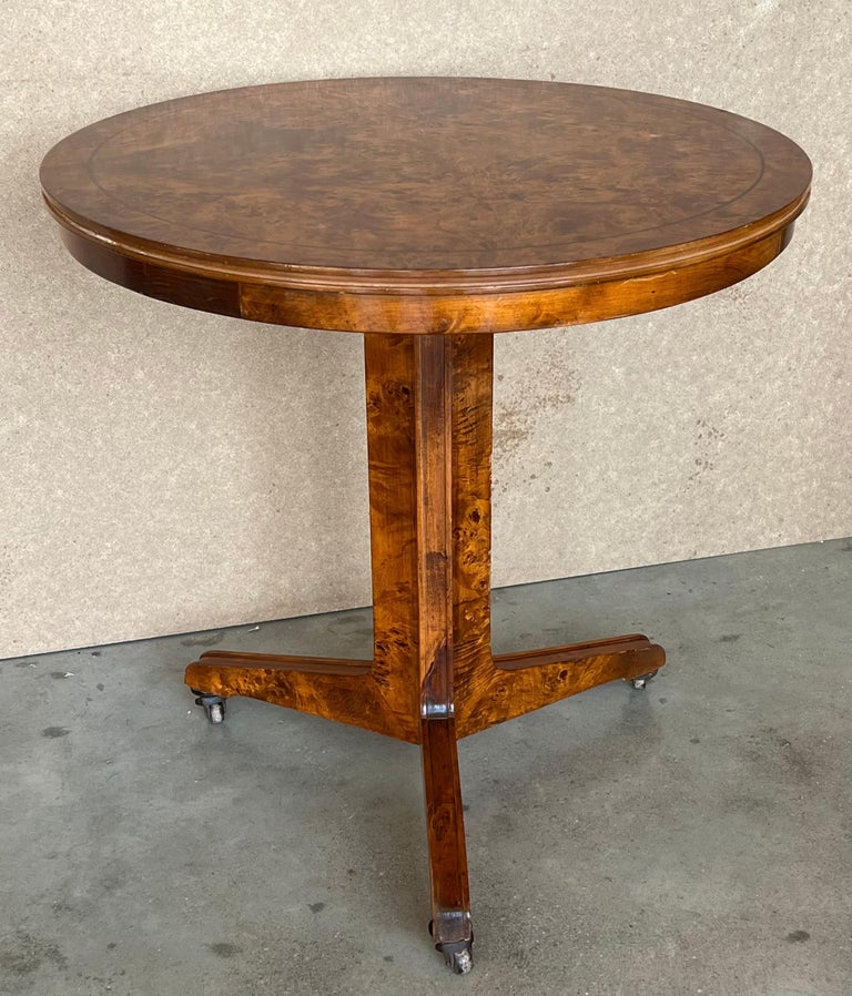 Art Deco Round Pedestal Side Table Macassar Wood with Wheels, Italy