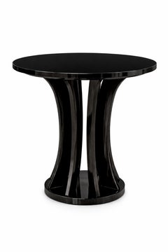Art Deco Round Pedestal Table, Deep Piano Black High-Gloss Lacquer, 20th Century