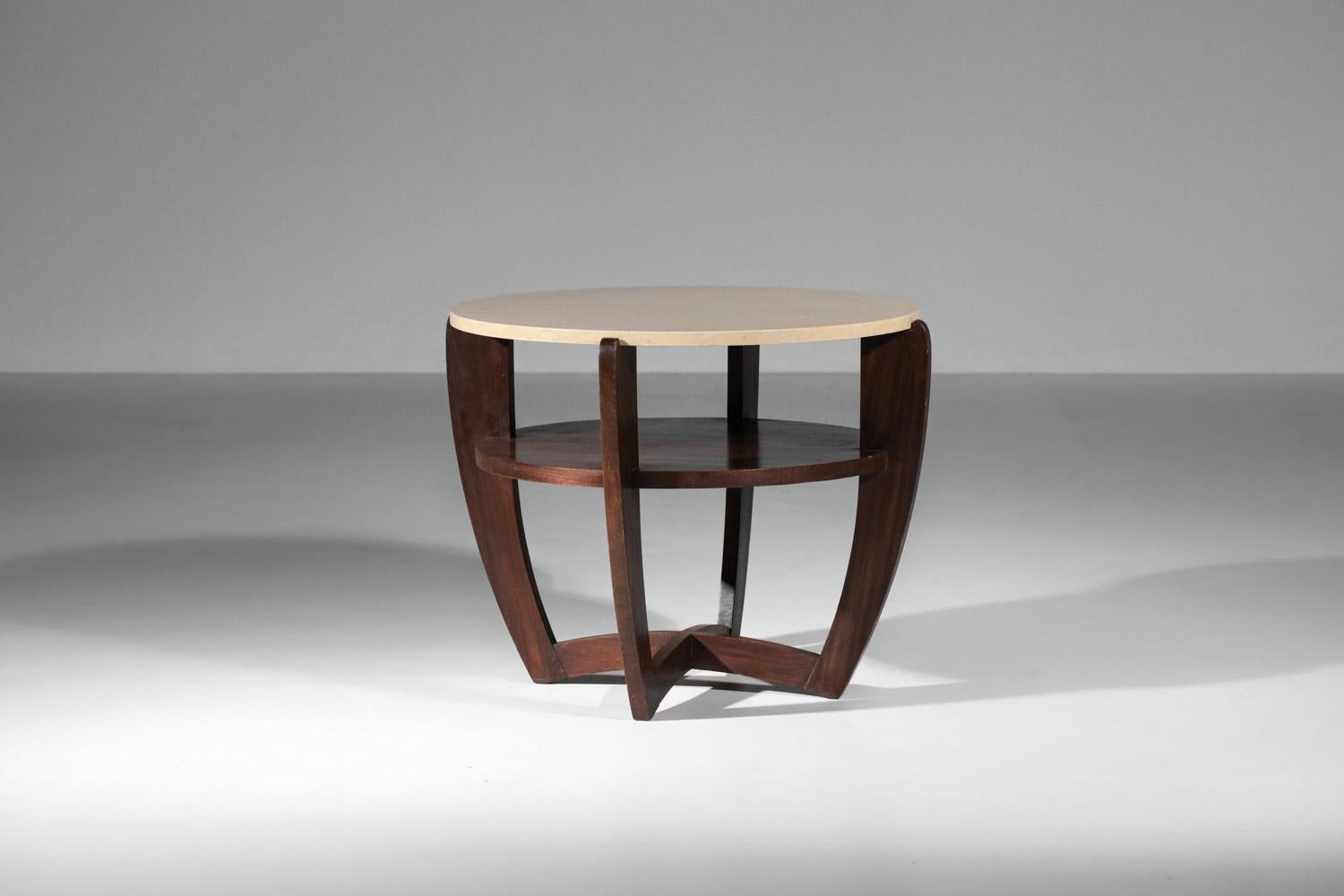 Art deco round pedestal table travertine top in the style of Andre sornay For Sale 4