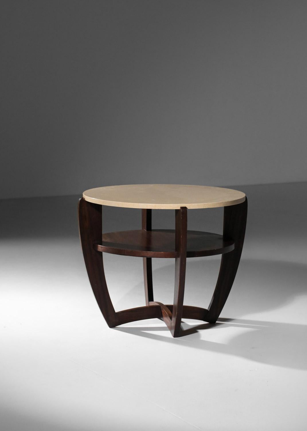 Art deco round pedestal table travertine top in the style of Andre sornay For Sale 6