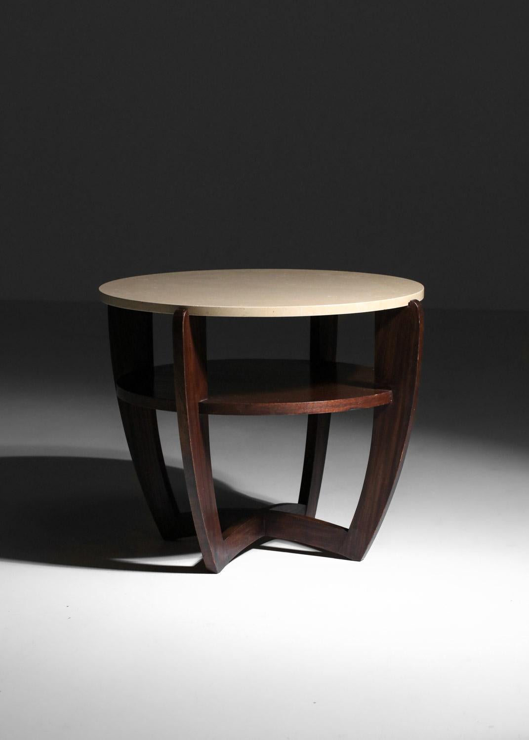 Art deco round pedestal table travertine top in the style of Andre sornay For Sale 7