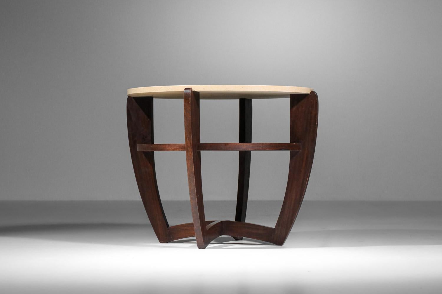Mid-Century Modern Art deco round pedestal table travertine top in the style of Andre sornay For Sale