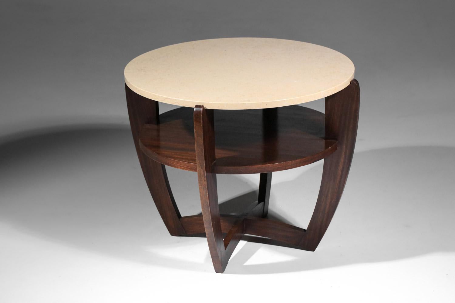 French Art deco round pedestal table travertine top in the style of Andre sornay For Sale