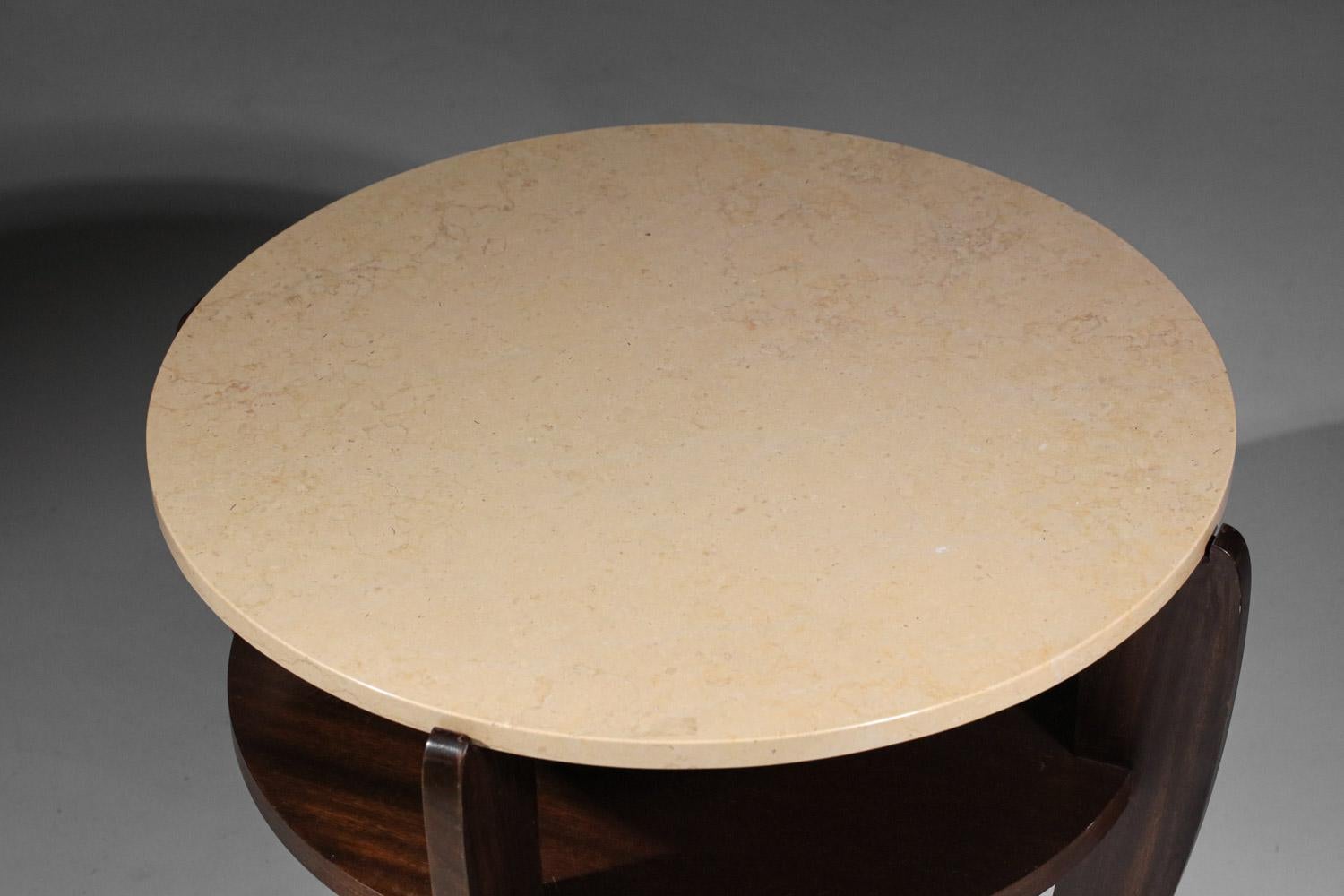 Art deco round pedestal table travertine top in the style of Andre sornay In Good Condition For Sale In Ternay, Auvergne-Rhône-Alpes