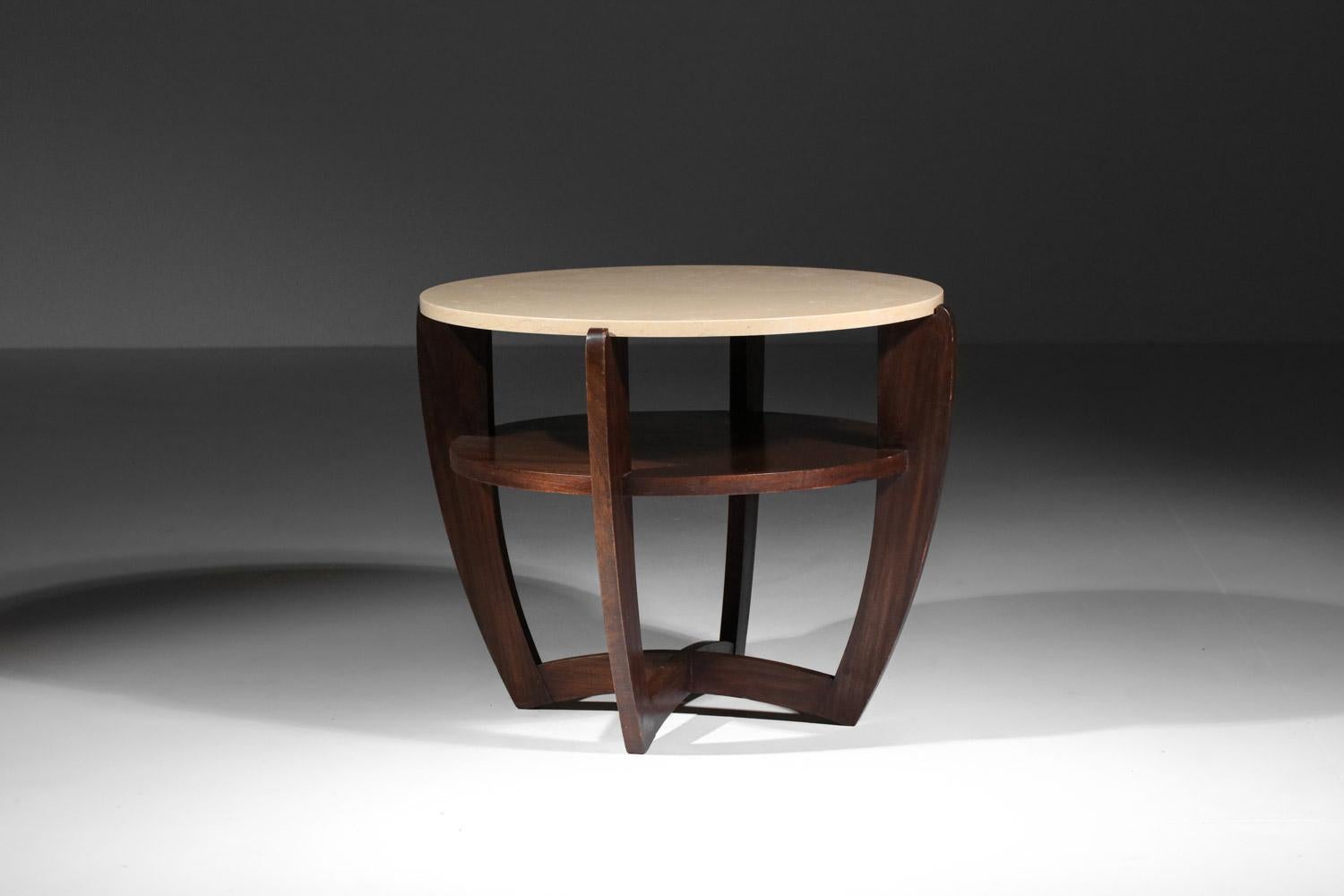 Art deco round pedestal table travertine top in the style of Andre sornay For Sale 2