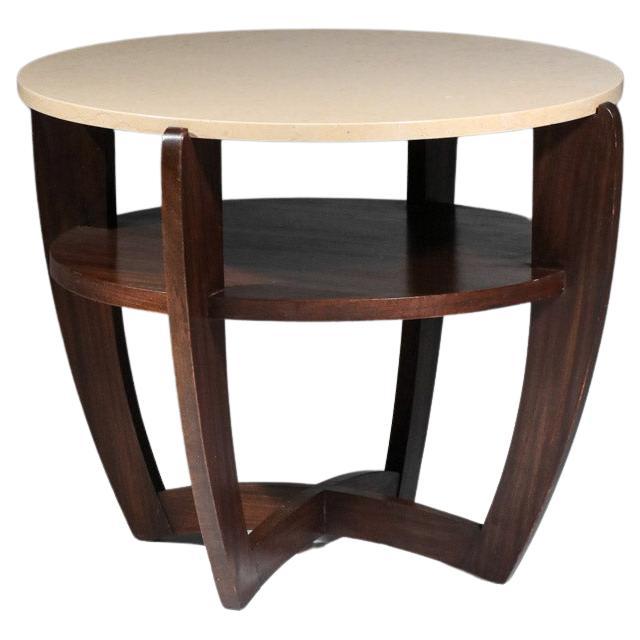 Art deco round pedestal table travertine top in the style of Andre sornay For Sale