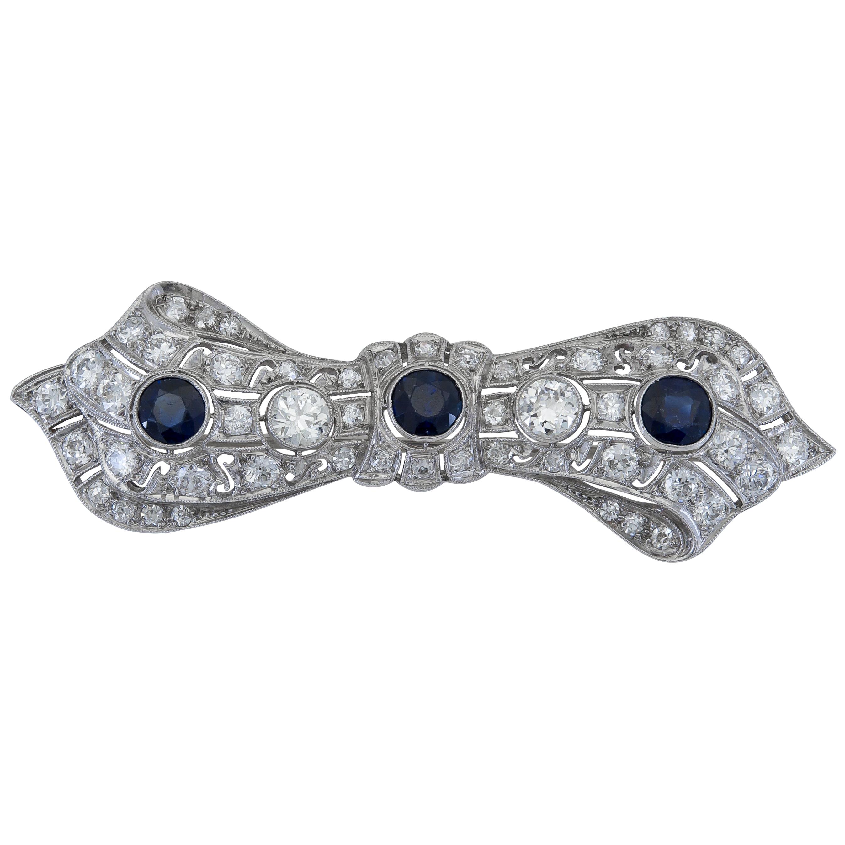Art Deco Round Sapphire and Diamond Panel Brooch For Sale