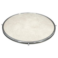 Art Deco Round Serving Tray Czech Chrome Glass Wood Vanity Cocktail 1930s