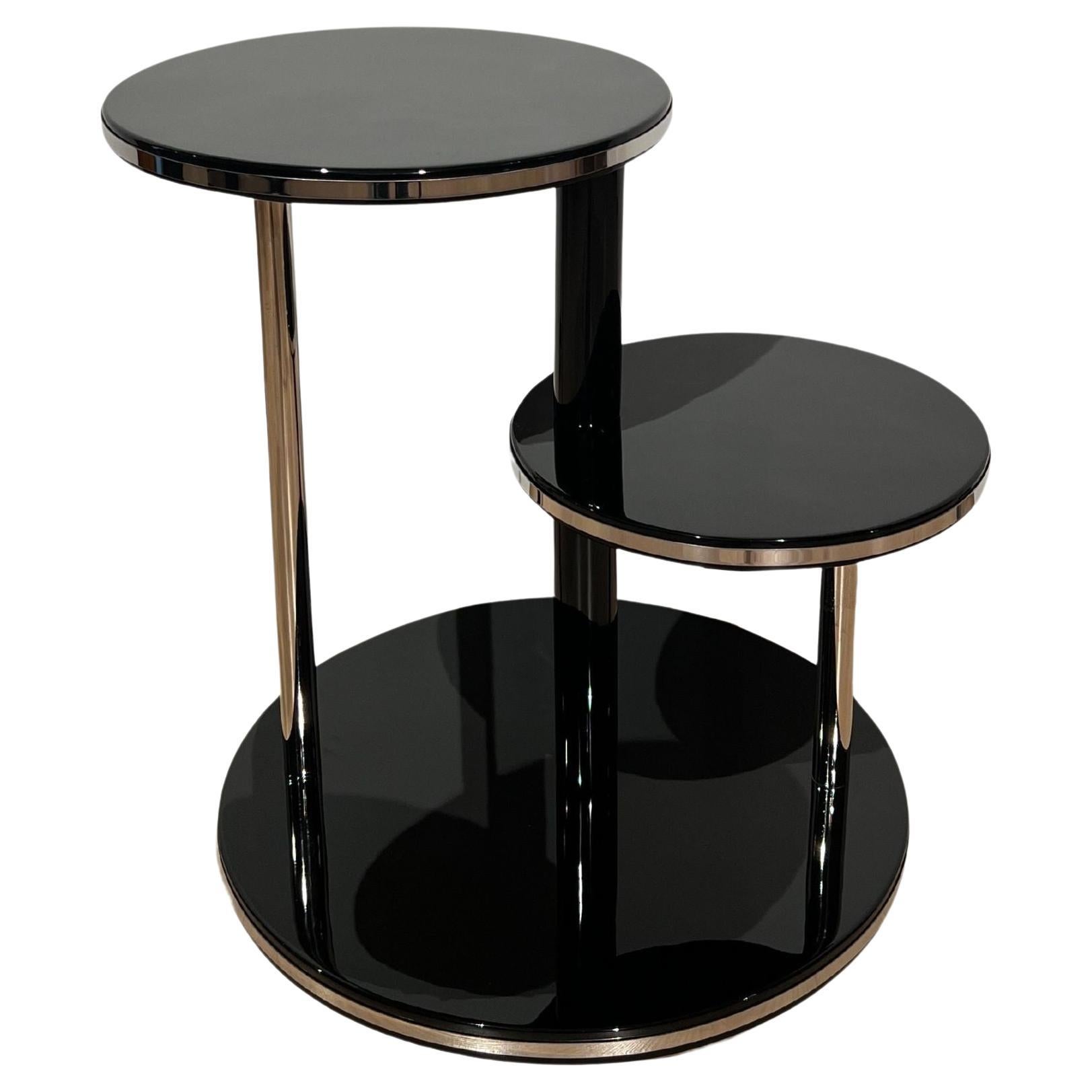 Art Deco Round Side Table, Black Lacquer, Chrome, Metal Trims, France circa 1930 For Sale