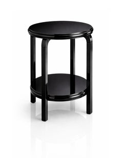 Art Deco Round Side Table – Walnut, Black Lacquer, Shelf, 20th Century