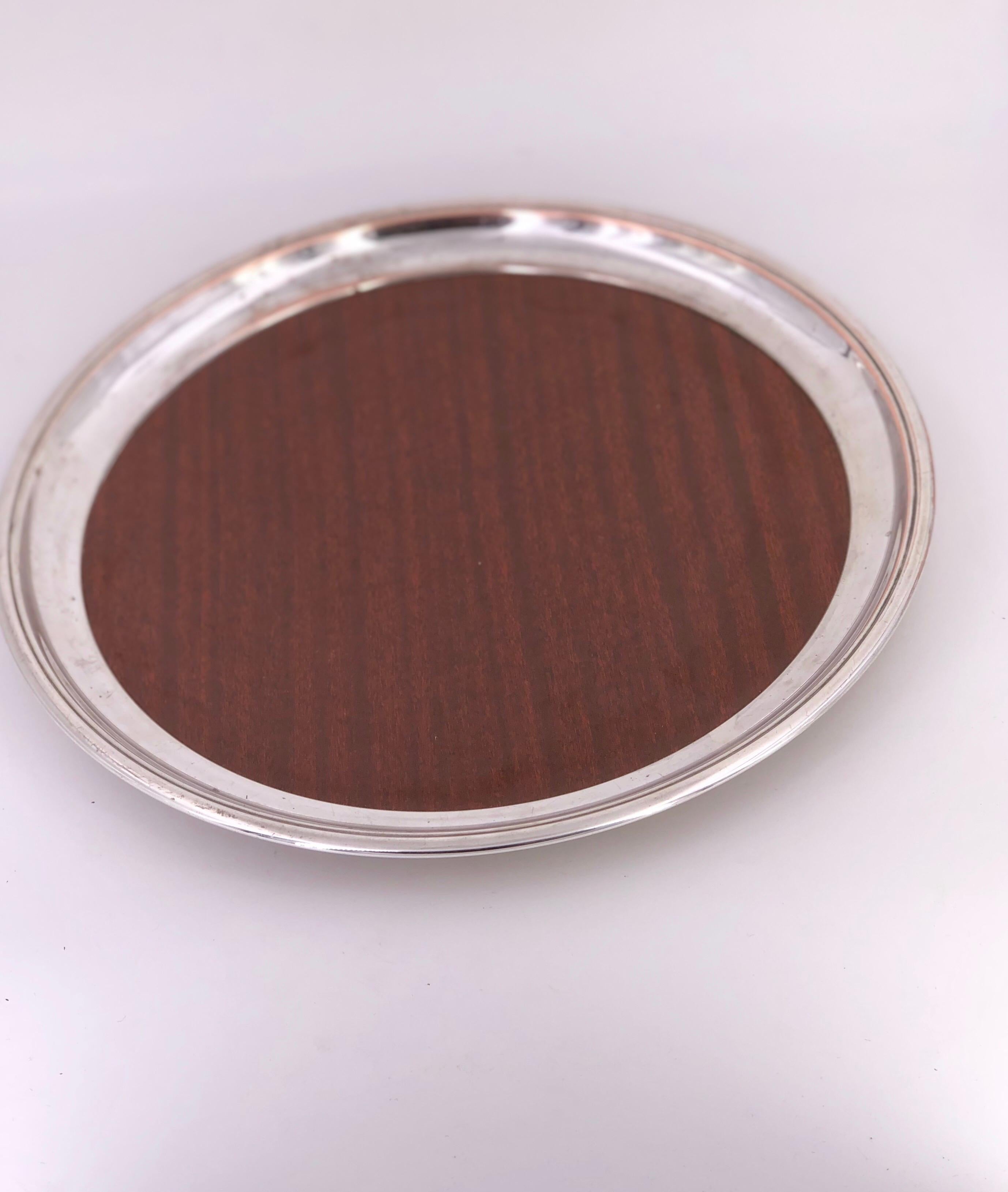 American Art Deco Round Silver Plated Tray with Faux Rosewood Laminate