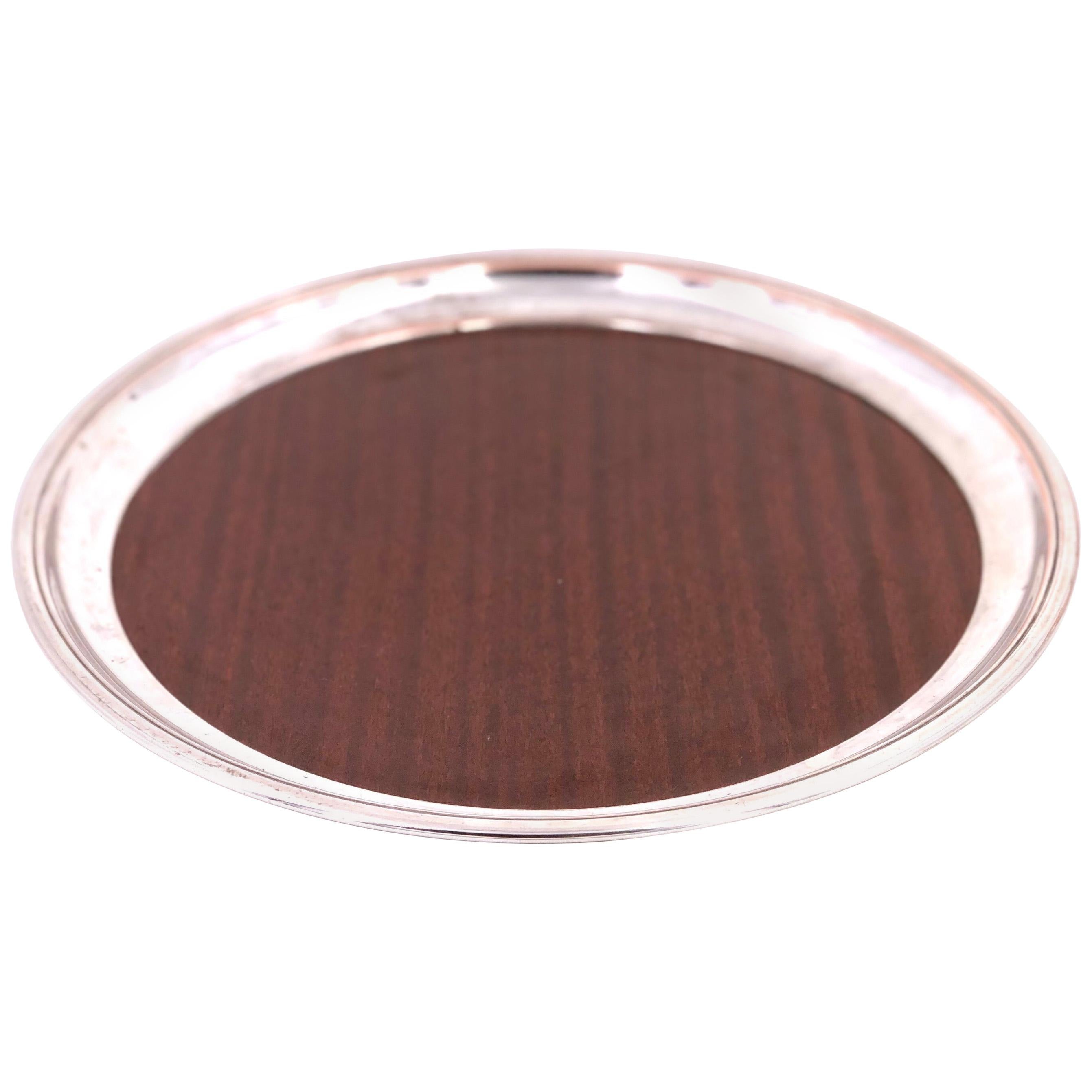 Art Deco Round Silver Plated Tray with Faux Rosewood Laminate