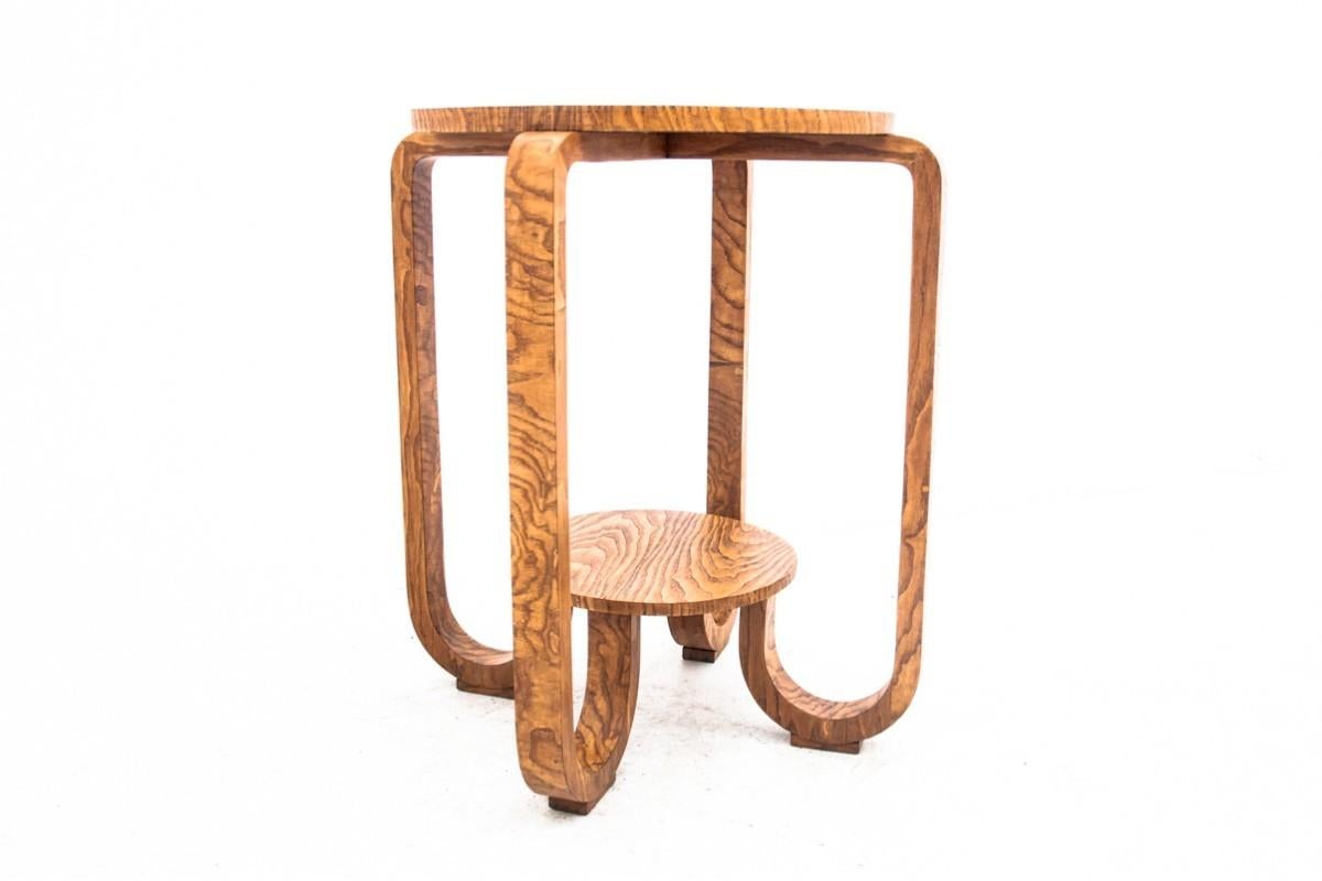 Art Deco style table from the mid-20th century. Minimalist design will work perfectly in contemporary interiors.

Furniture in very good condition, after professional renovation. The wood has been cleaned and finished with a durable semi-matt