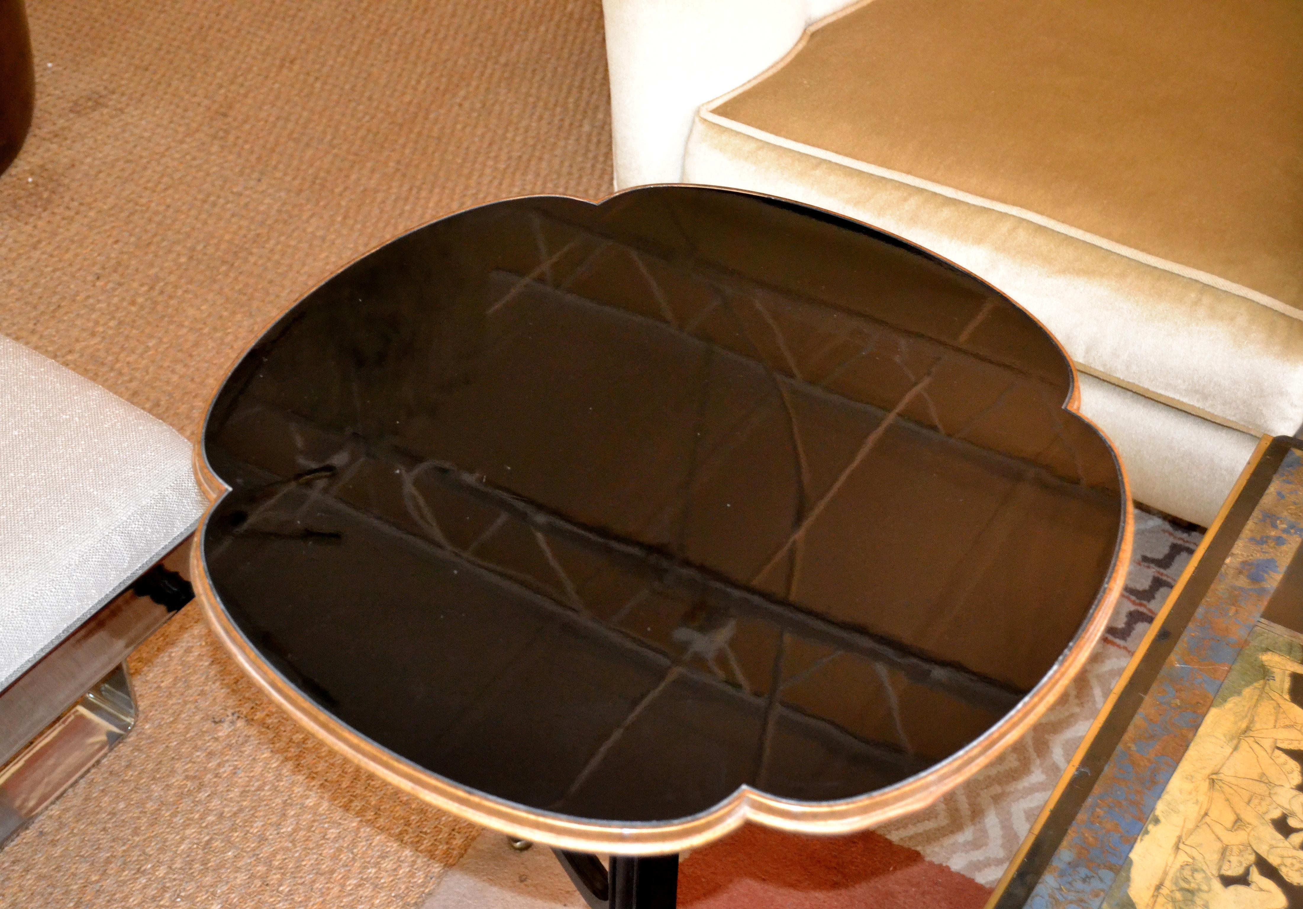 Art Deco Round Three Legged Mahogany Brass Side Table with Laminate Top by Baker In Good Condition In Miami, FL