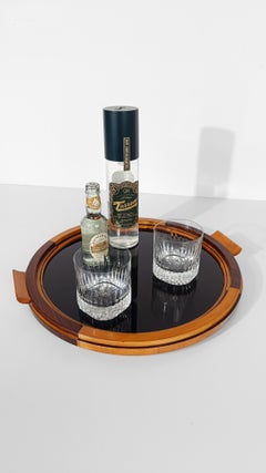 Art Deco Round Tray inlaid in Beech, Mahogany and Burl Wood, Black Lucite Top