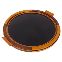 Art Deco Round Tray inlaid in Beech, Mahogany and Burl Wood, Black Lucite Top