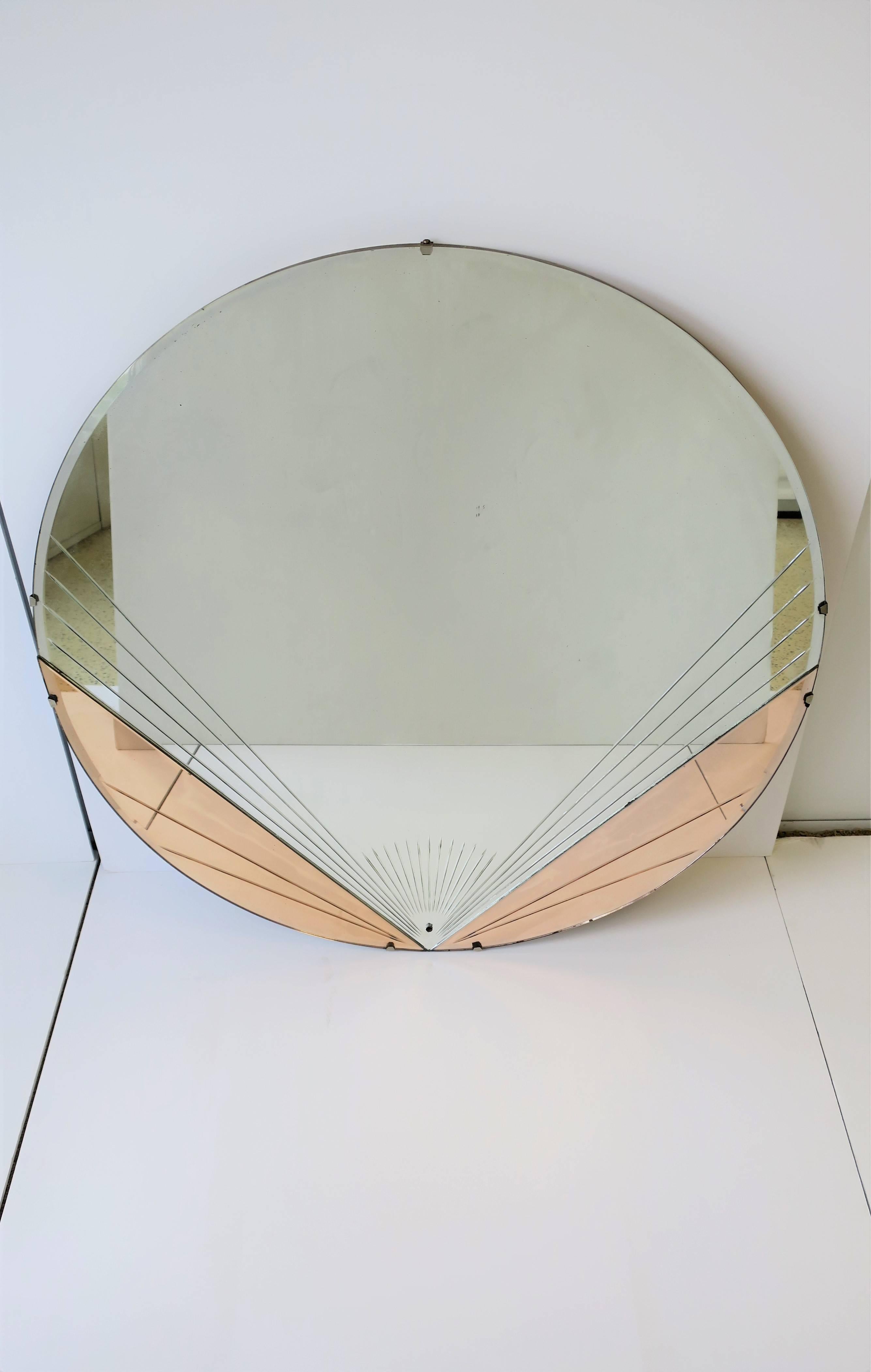 Art Deco Pink or Rose Round Wall Glass Mirror, ca. 1930s 7