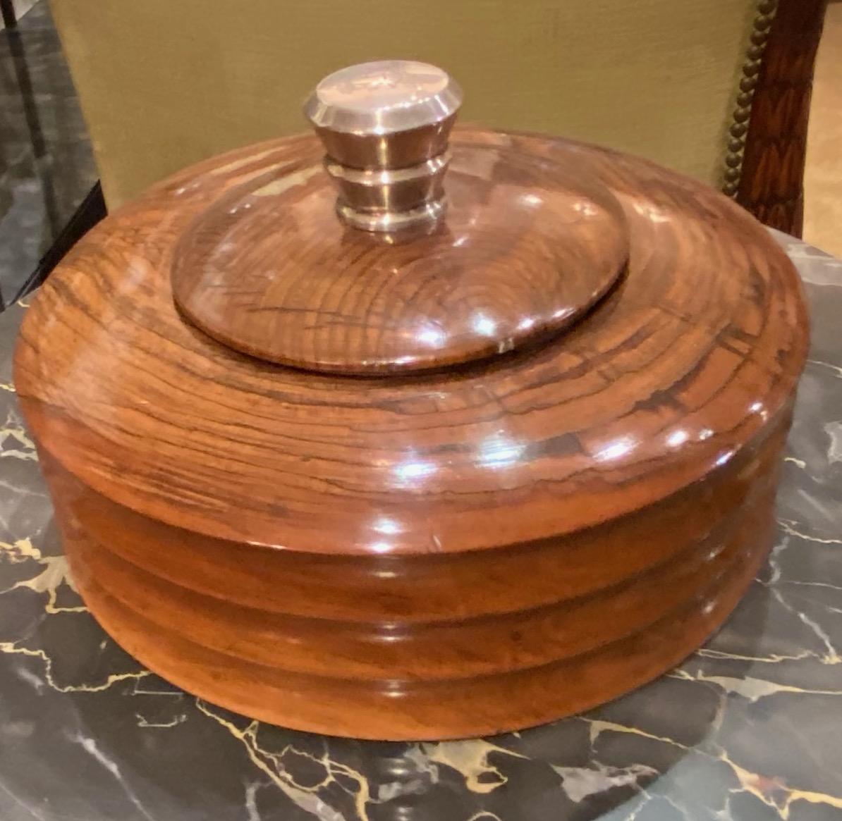 Art Deco Round Wood Box with Silver Monogram Top In Good Condition In Oakland, CA