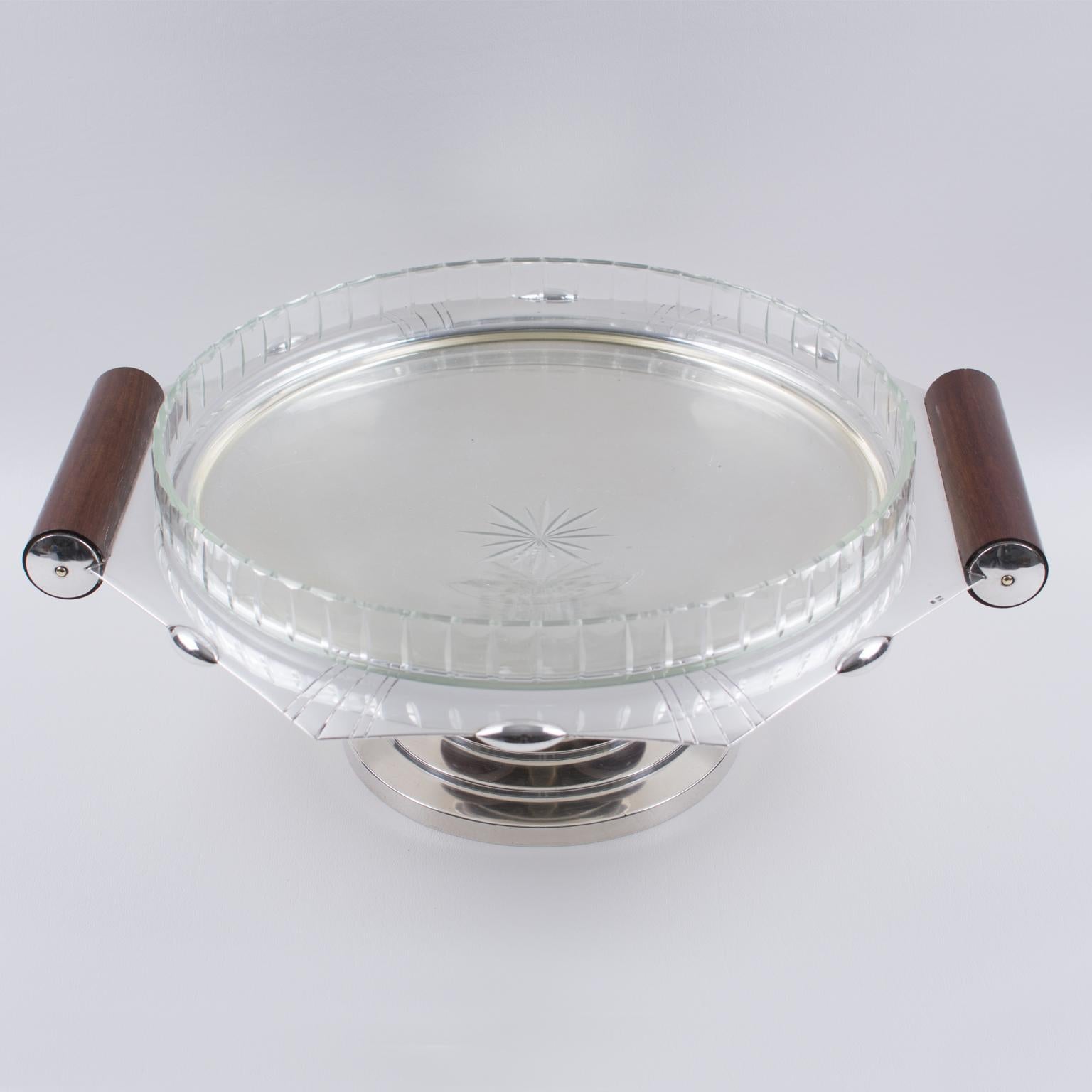 Wood Art Deco Roux & Marquiand Silver Plate Crystal Large Serving Bowl Centerpiece