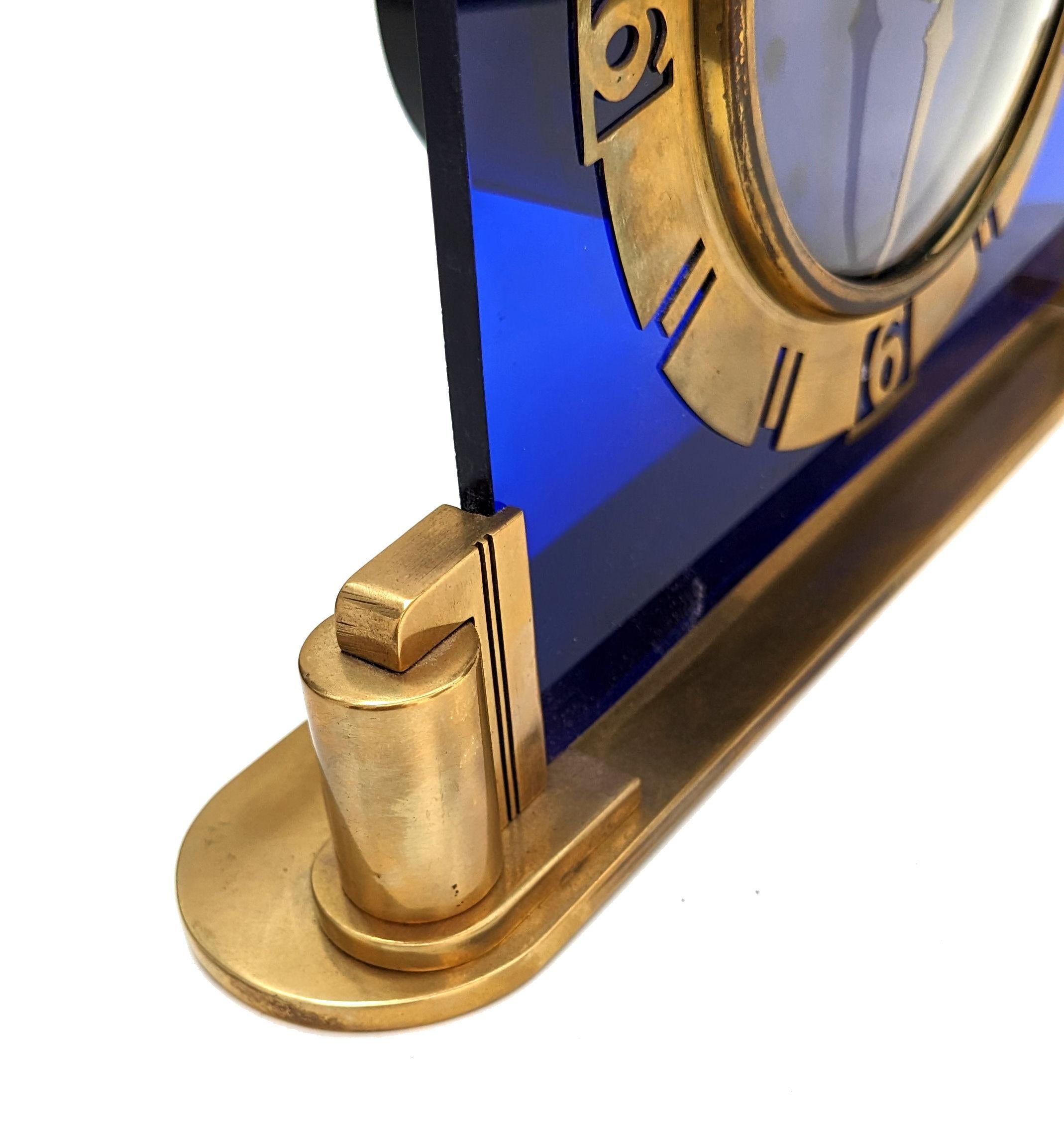 20th Century Art Deco Royal Blue Glass & Brass Clock, English, circa 1930 For Sale