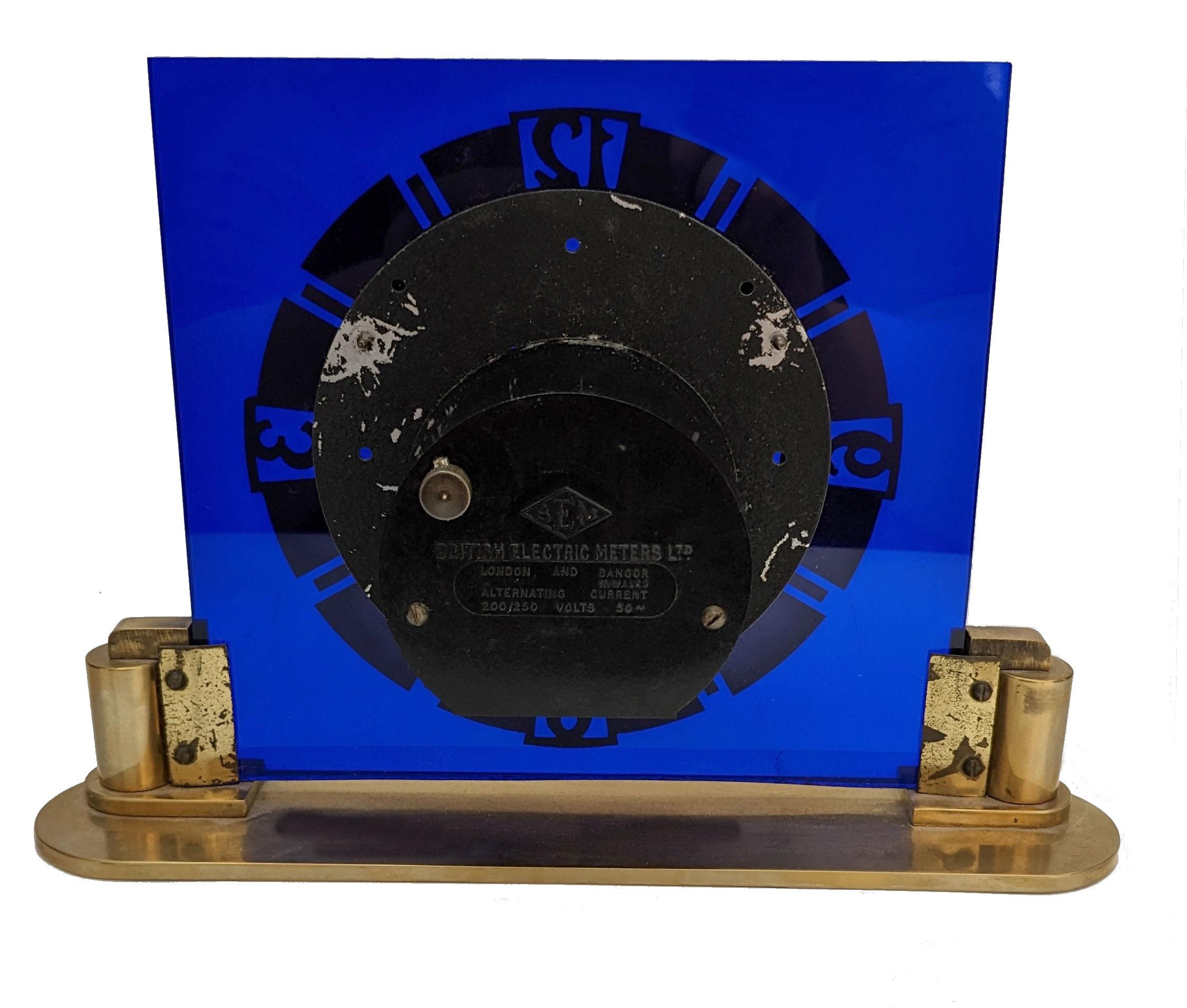 Art Deco Royal Blue Glass & Brass Clock, English, circa 1930 For Sale 2