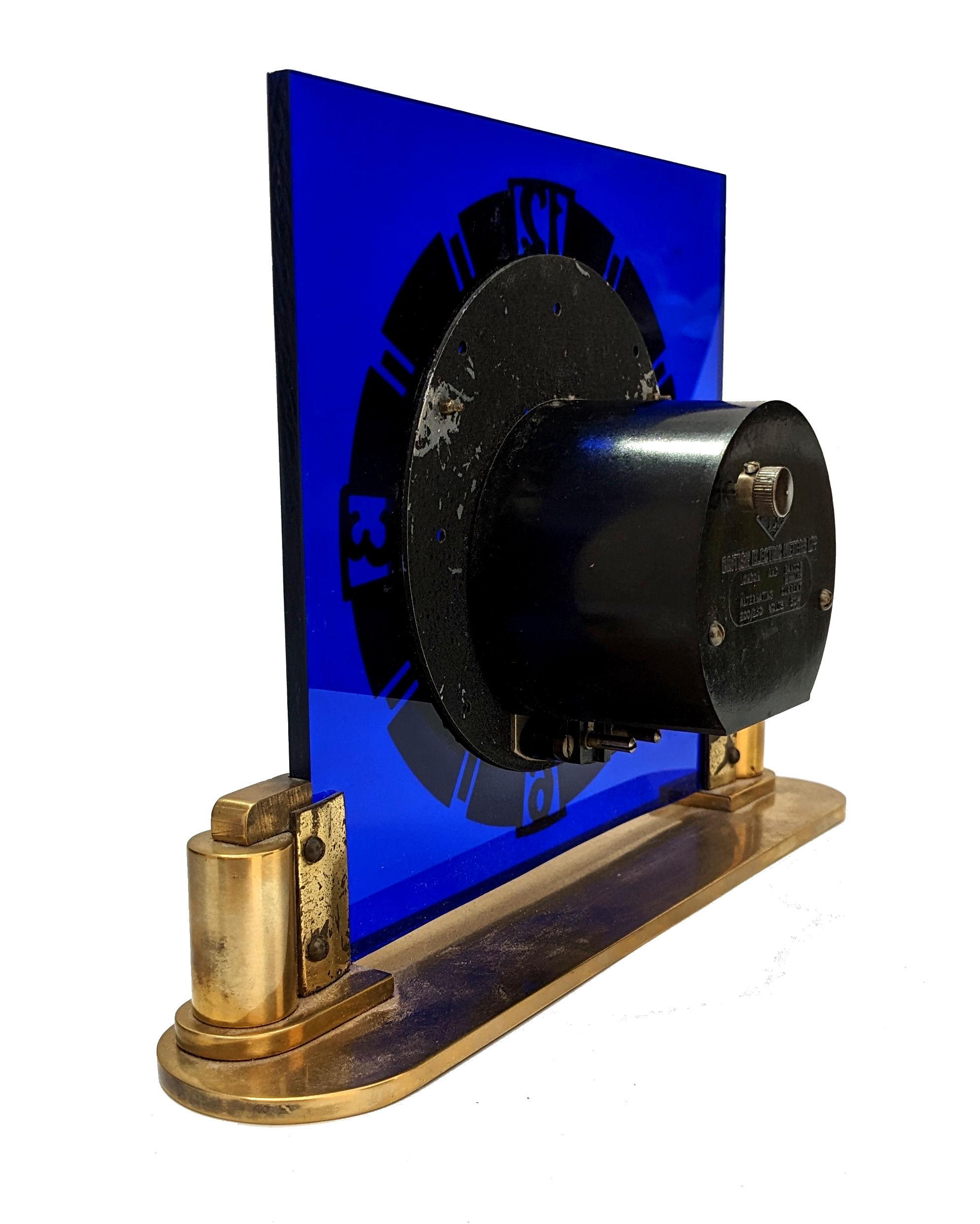 Art Deco Royal Blue Glass & Brass Clock, English, circa 1930 For Sale 3