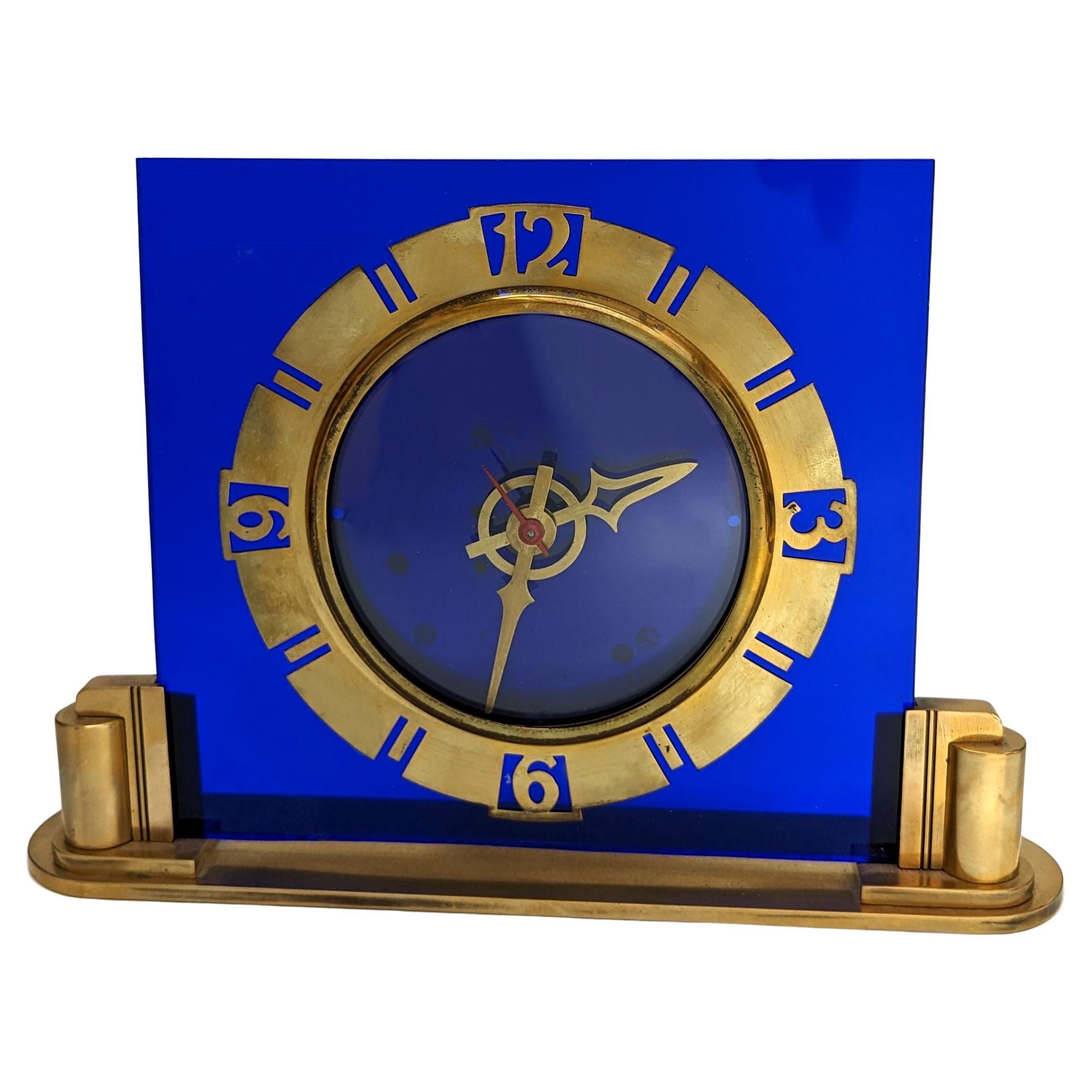 Art Deco Royal Blue Glass & Brass Clock, English, circa 1930
