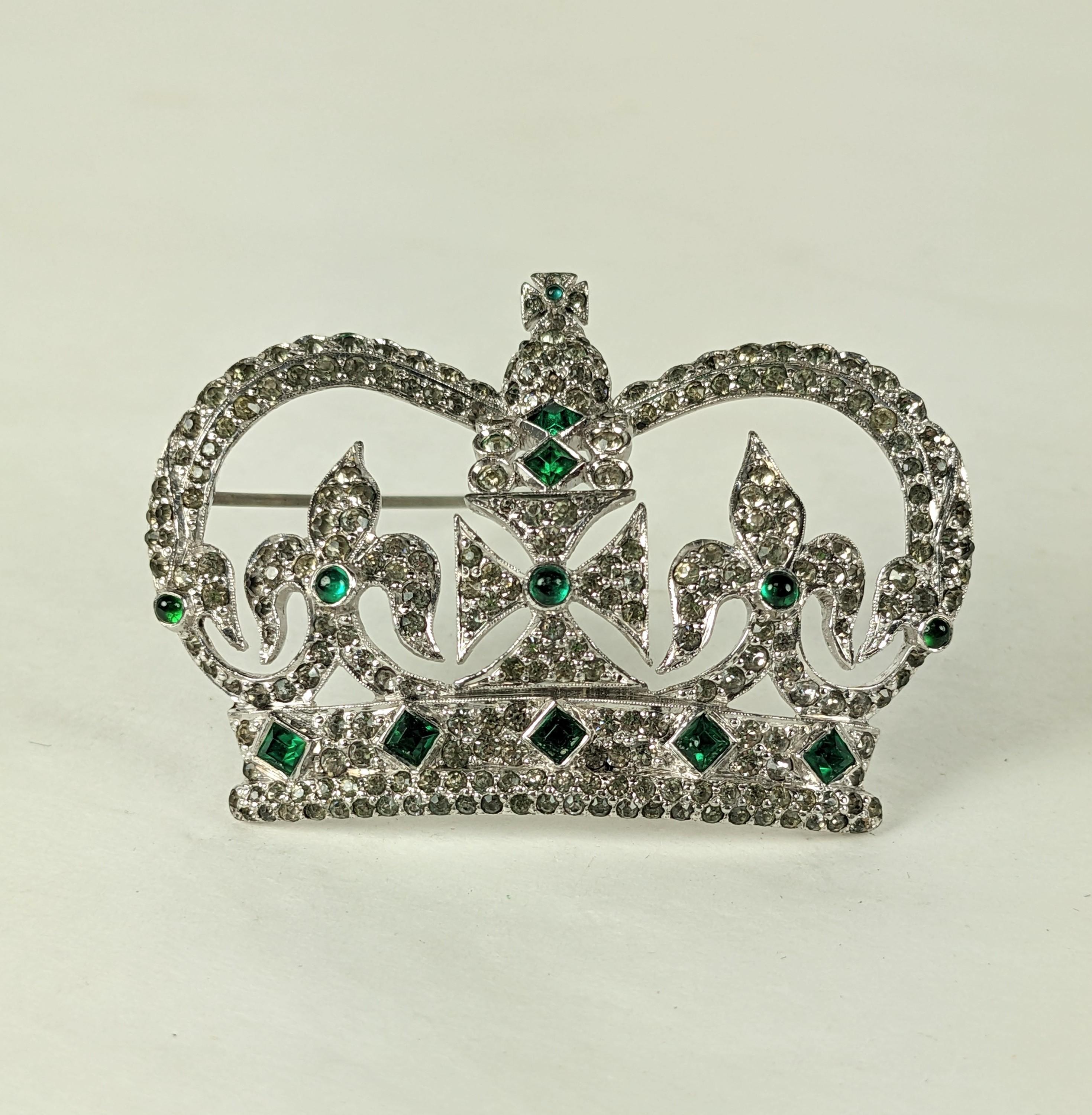 Lovely Art Deco Royal Crown Brooch, Coro. High quality manufacture set in rhodium metal with pave work, hand set with tiny emerald cabs and squares. Unsigned. 1930's USA. 2.5